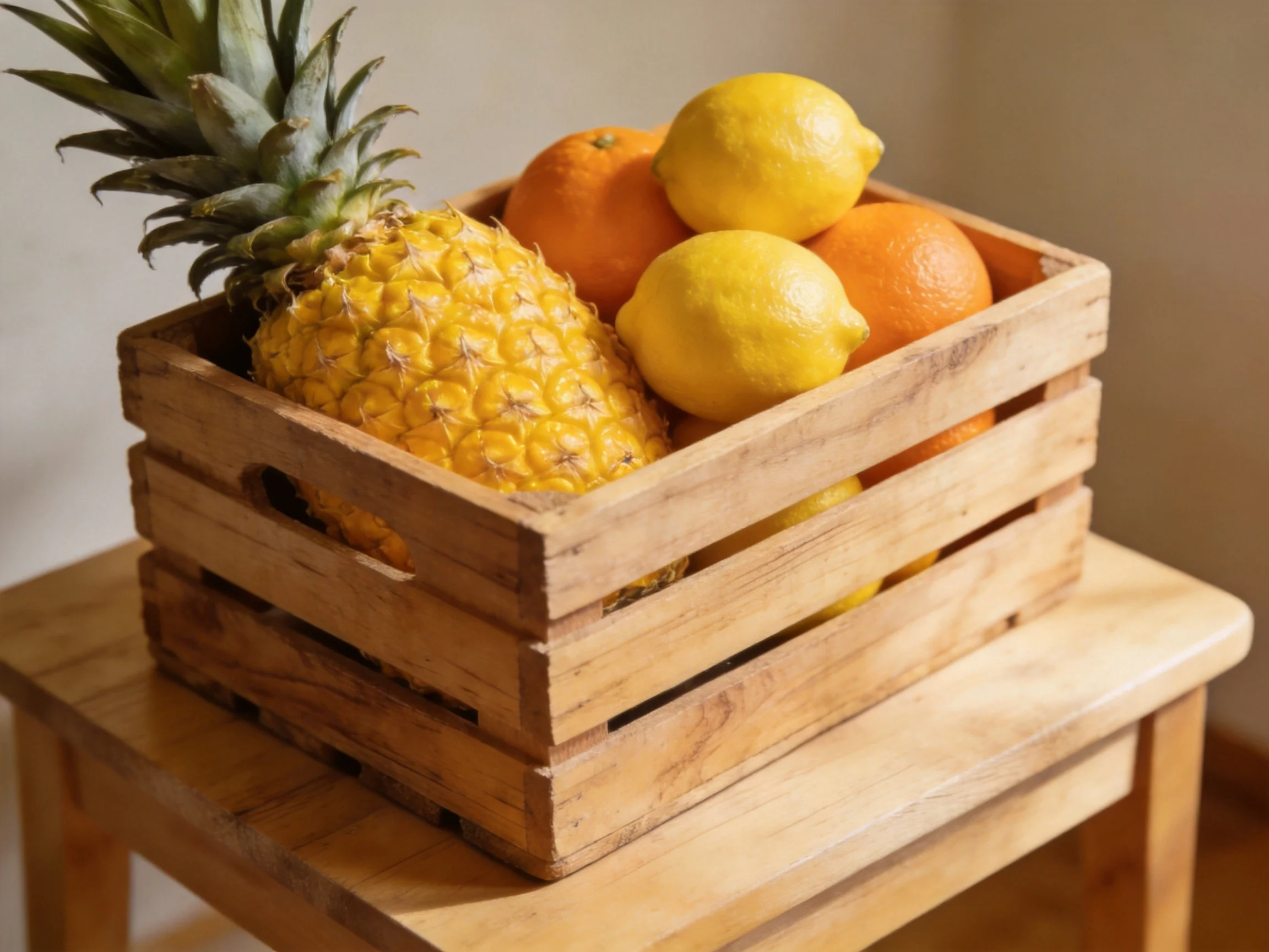 A wooden crate holds a pineapple, two lemons, and three oranges