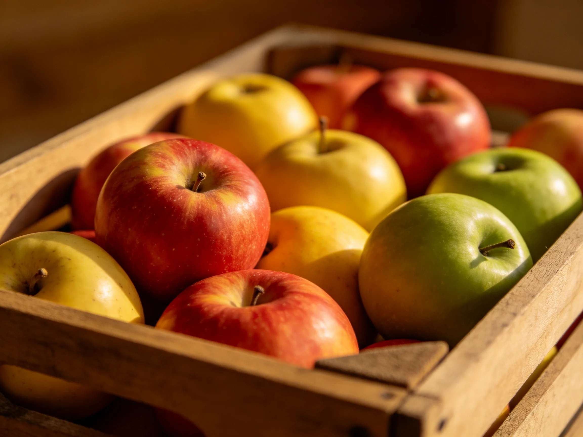 A wooden crate holds assorted colored apples in red, yellow, and green