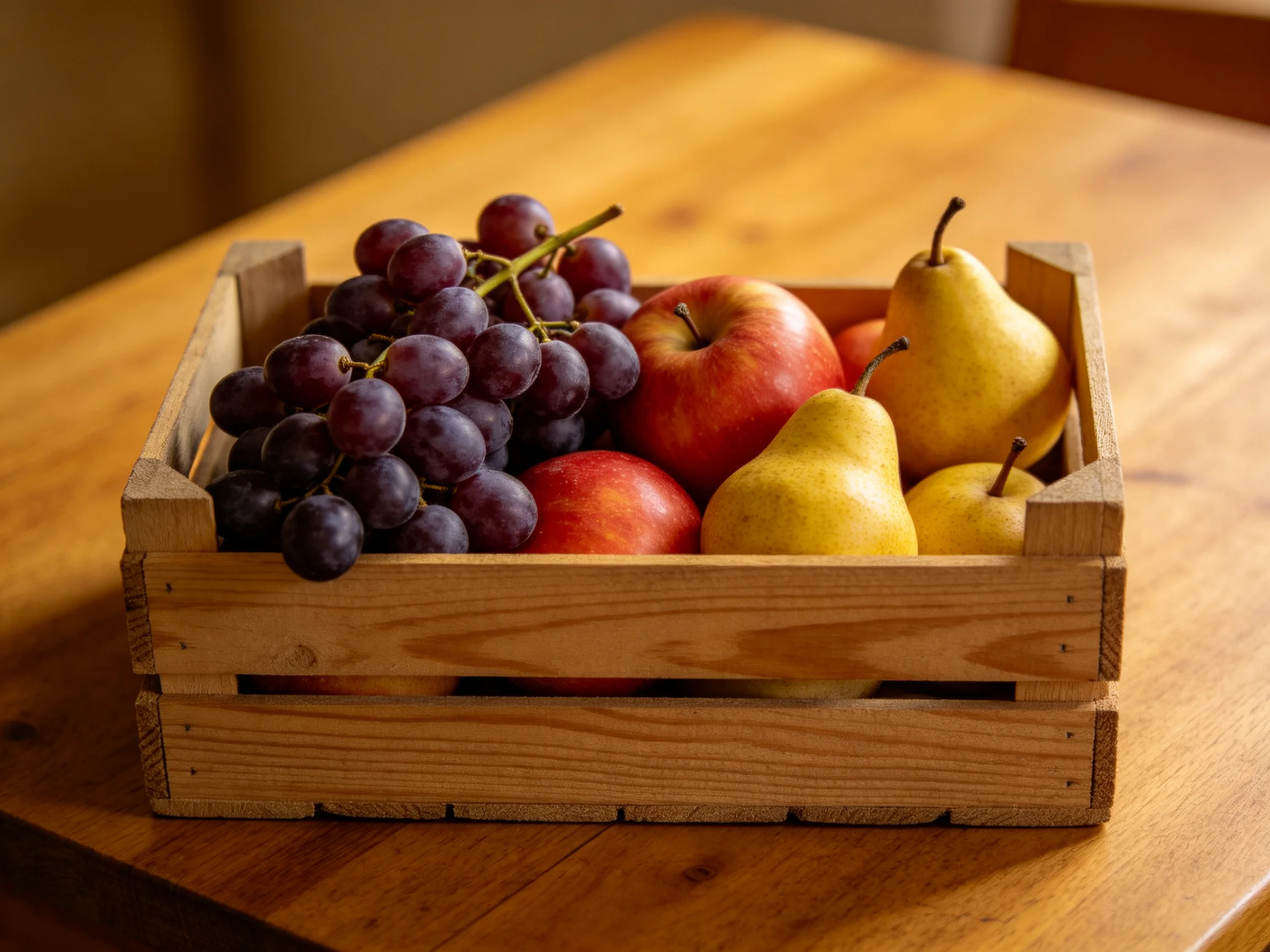 A wooden crate holds clusters of dark purple grapes, red apples, and golden-yellow pears