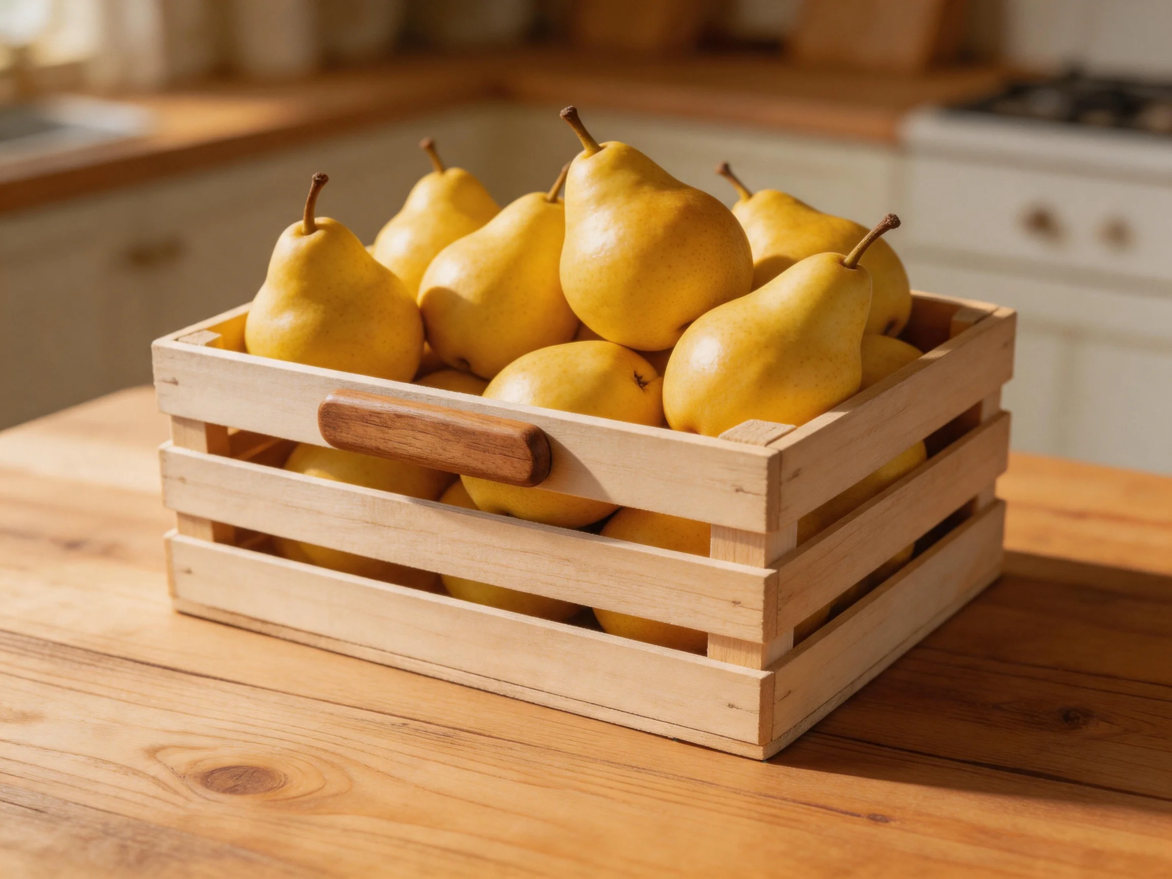 A wooden crate holds golden-yellow pears on a wooden table