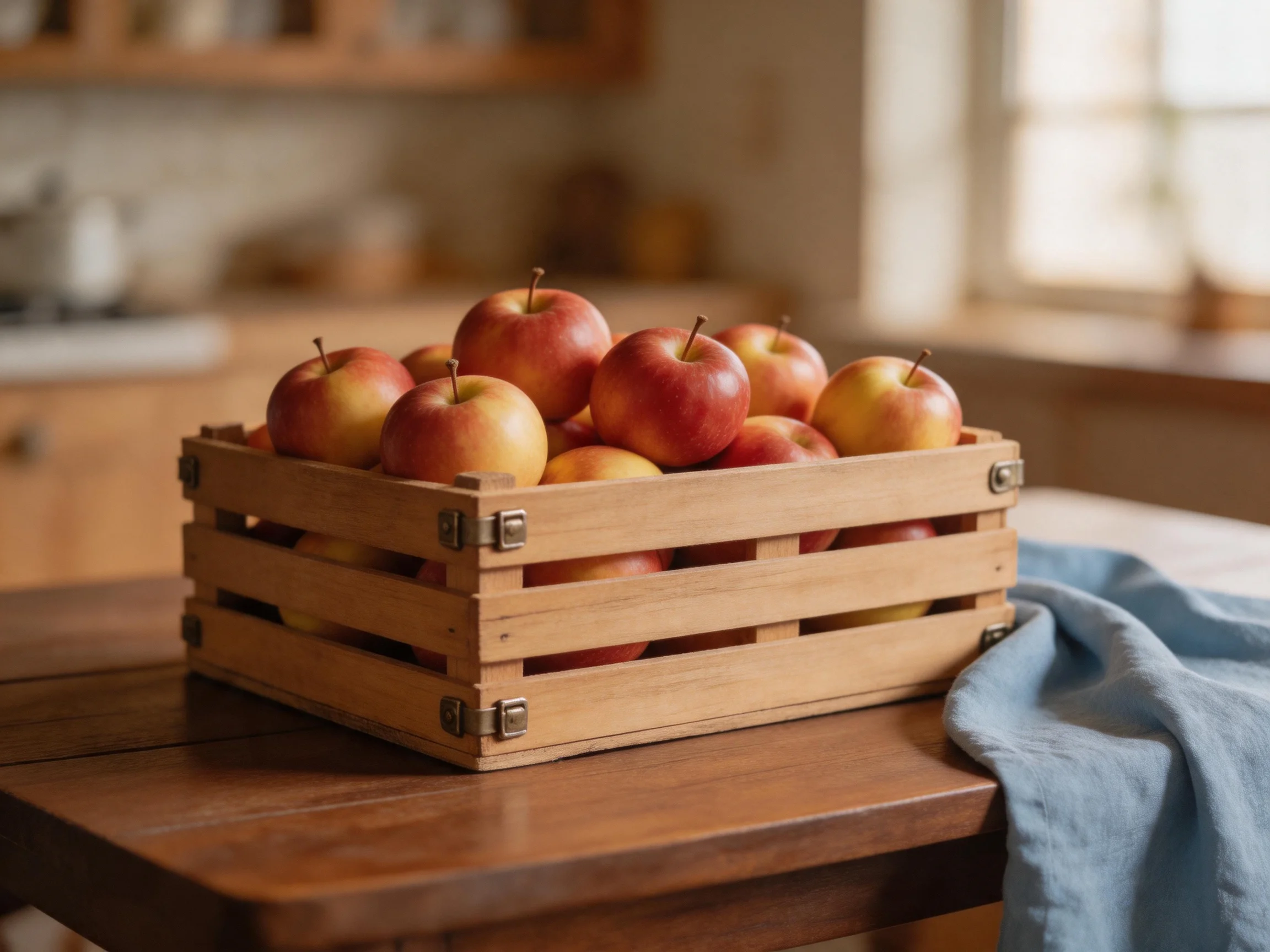 A wooden crate holds red and golden apples on a brown table