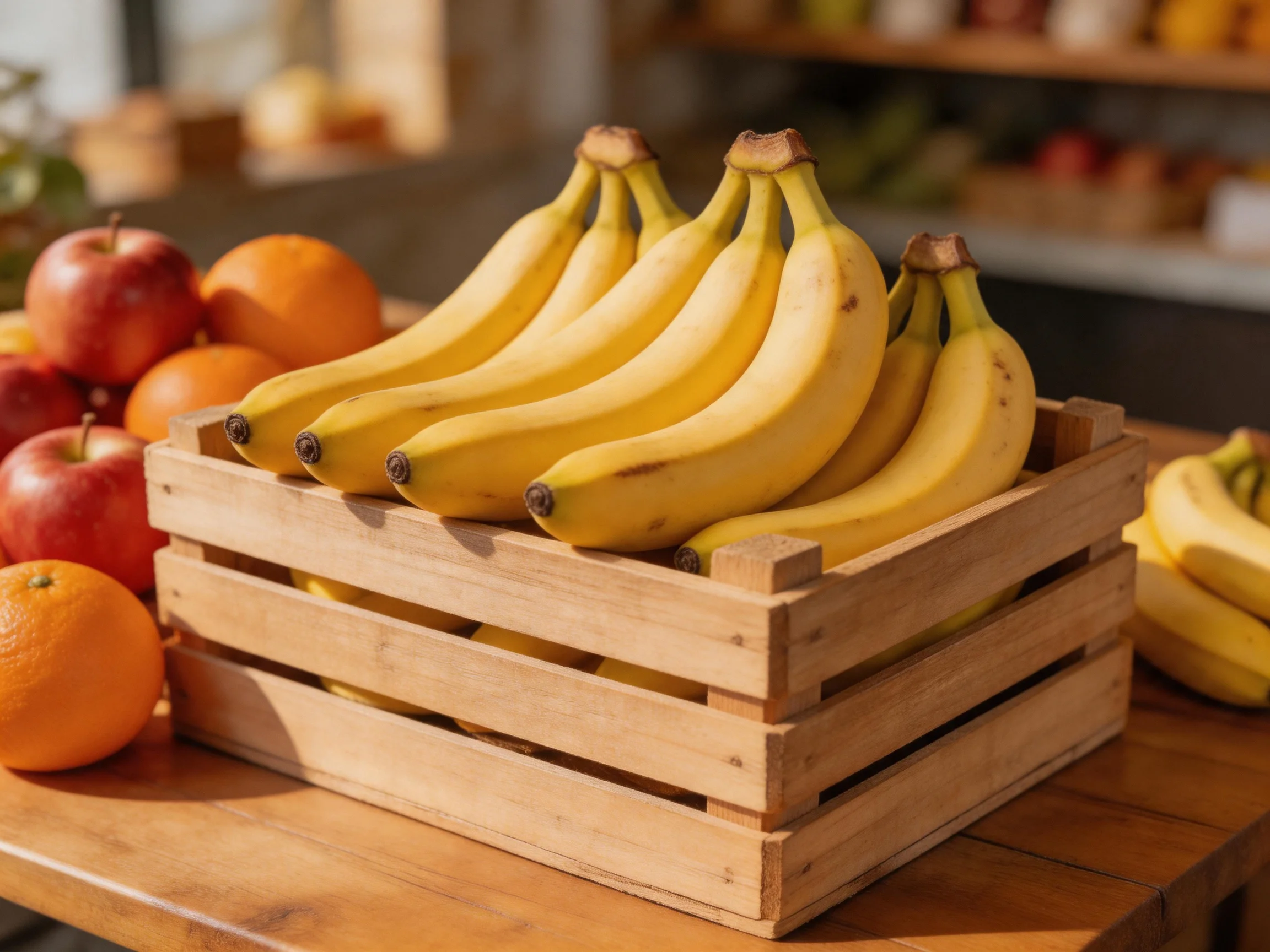A wooden crate holds ripe yellow bananas near red apples and orange citrus fruits