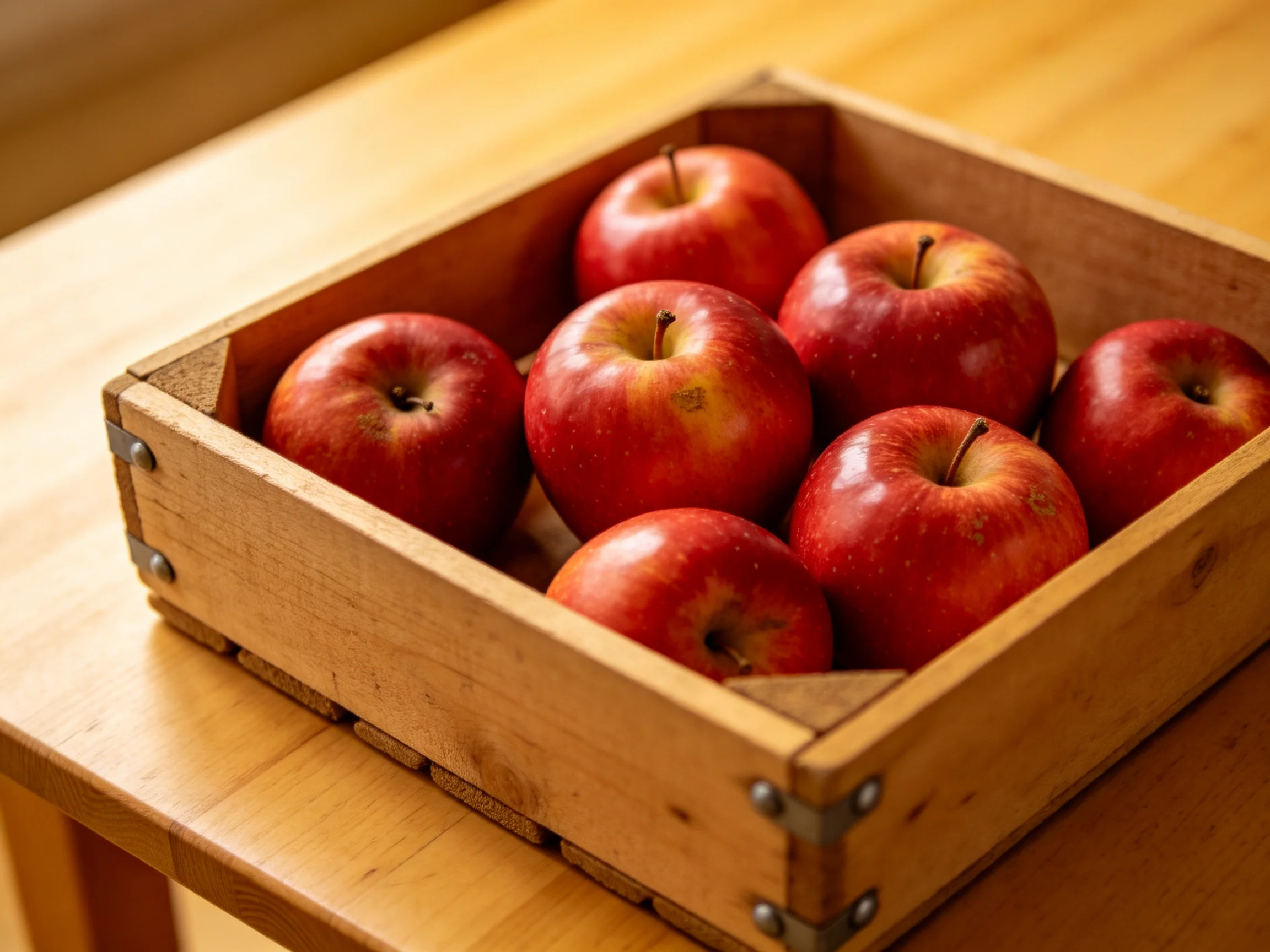 A wooden crate holds six vibrant red apples on a wooden table
