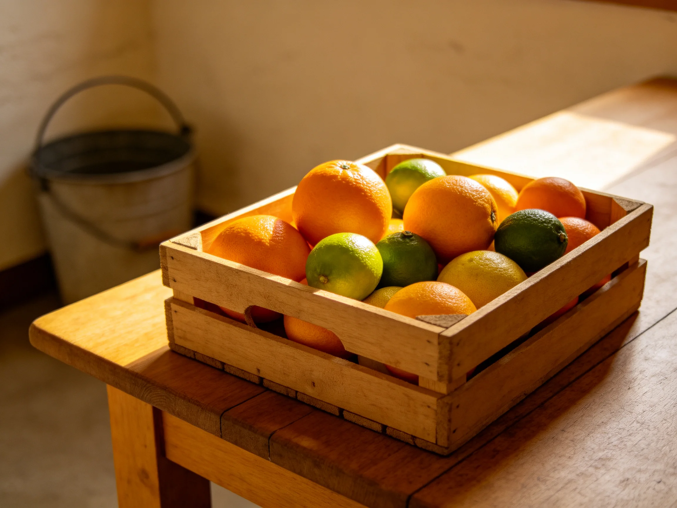 A wooden crate holds vibrant citrus fruits on a sunlit wooden table