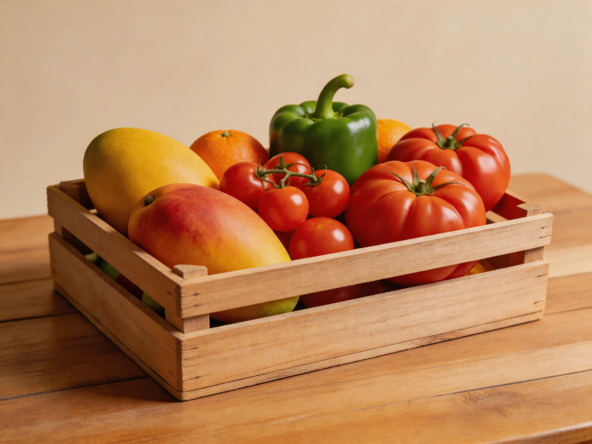 A wooden crate holds vibrant fruits and vegetables including mangoes, tomatoes, and a green bell pepp