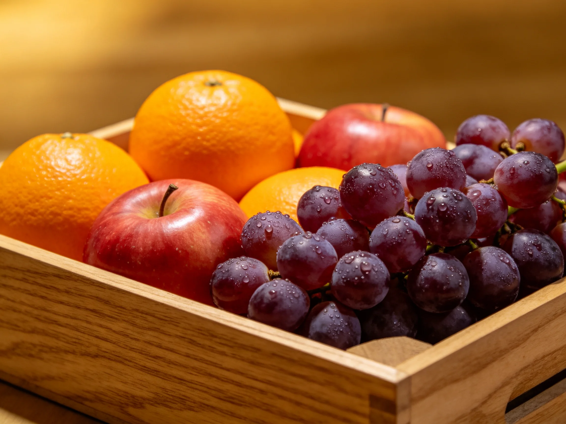 A wooden crate holds vibrant oranges, red apples, and dark purple grapes.