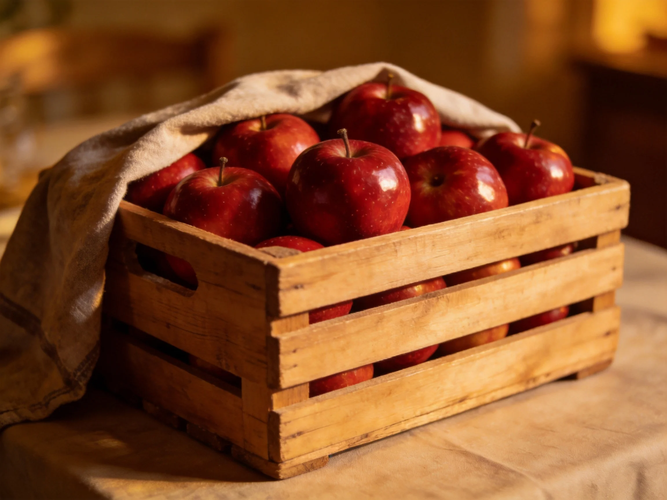 A wooden crate holds vibrant red apples with a beige cloth covering some