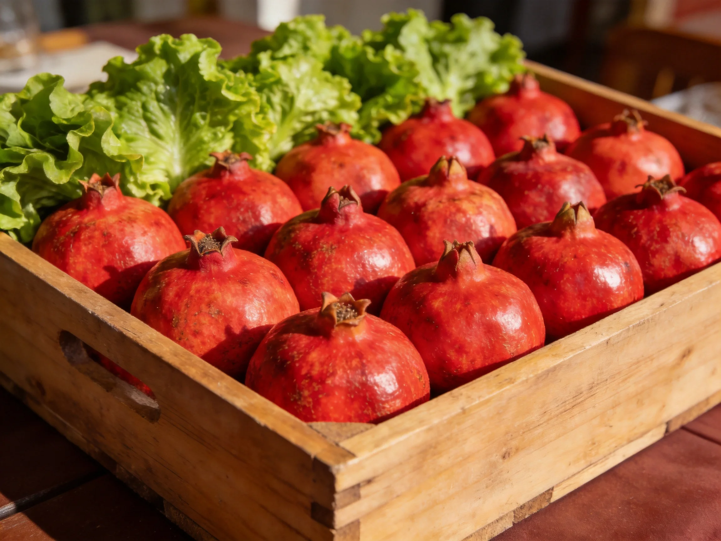 A wooden crate holds vibrant red pomegranates with fresh green lettuce