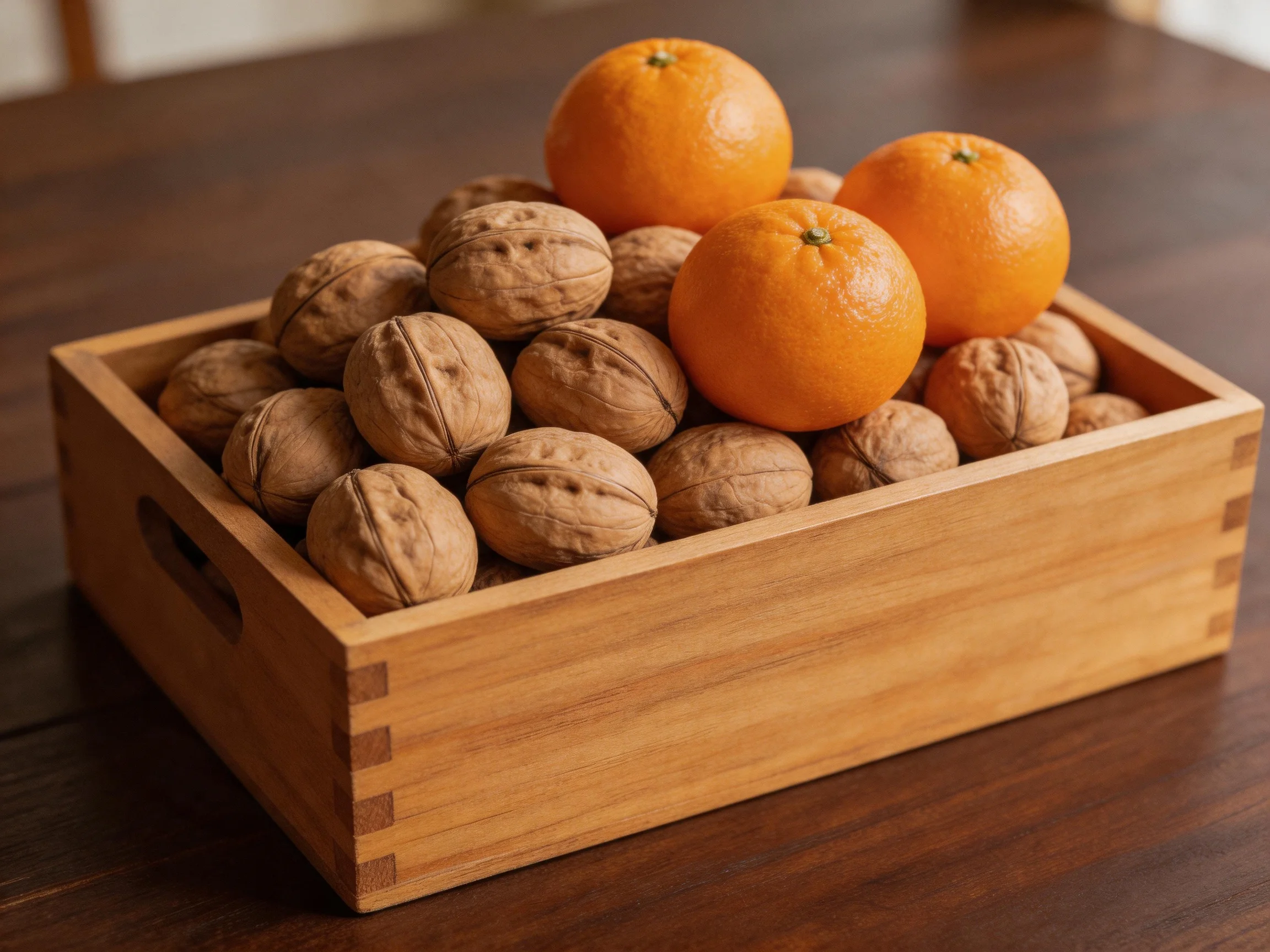 A wooden crate holds walnuts and bright orange citrus fruits