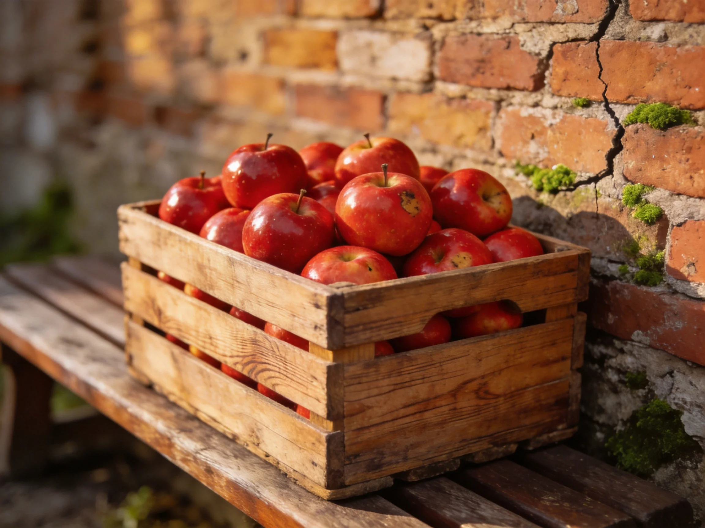 A wooden crate overflowed with bright red apples near an aged brick wall