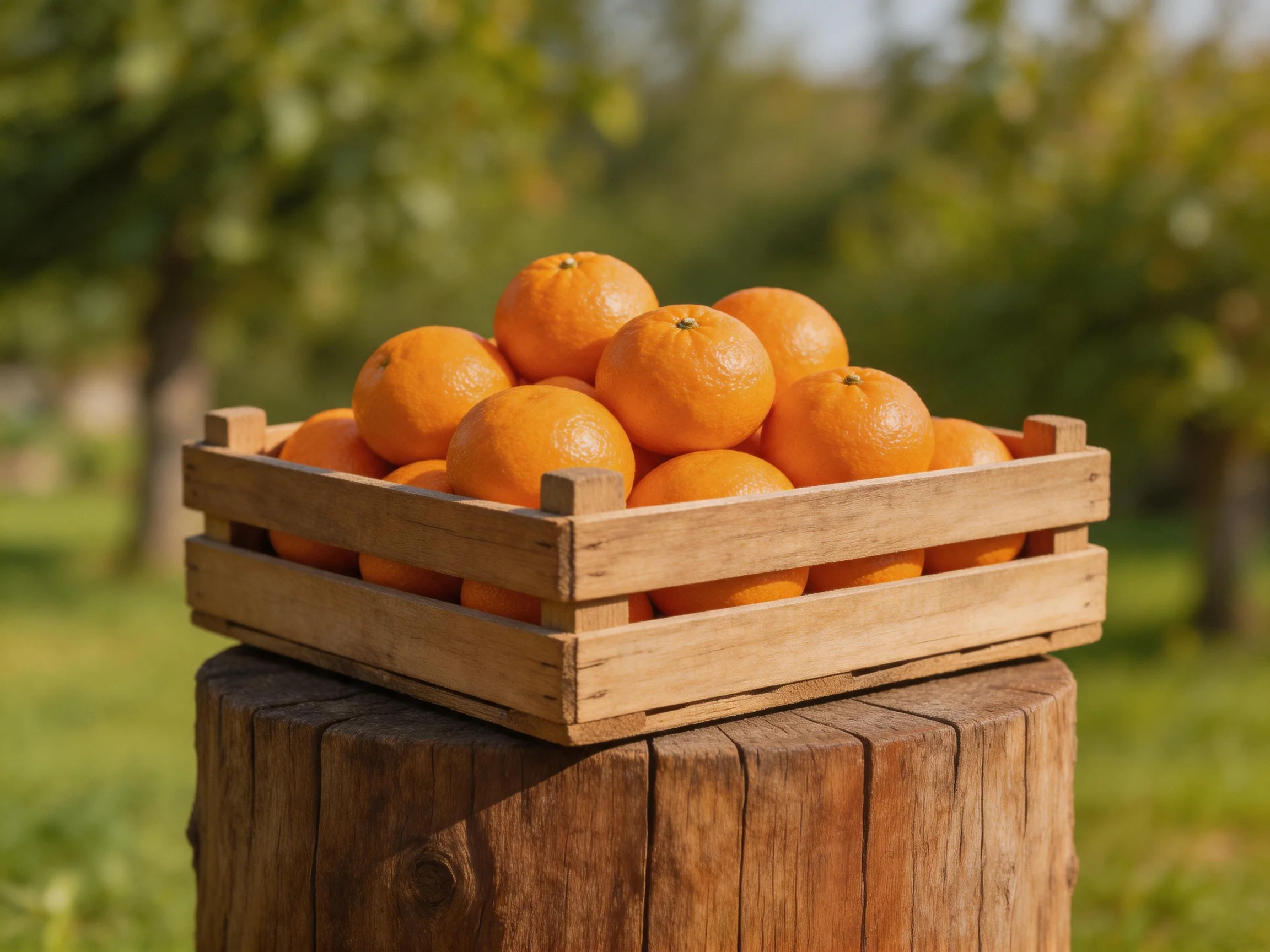 A wooden crate overflowed with vibrant oranges sits on a tree stump