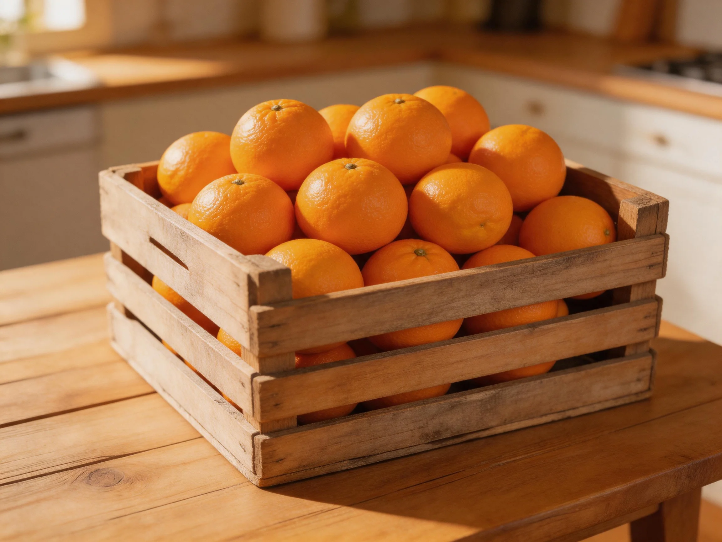 A wooden crate overflowing with bright orange citrus fruits sits on a wooden table