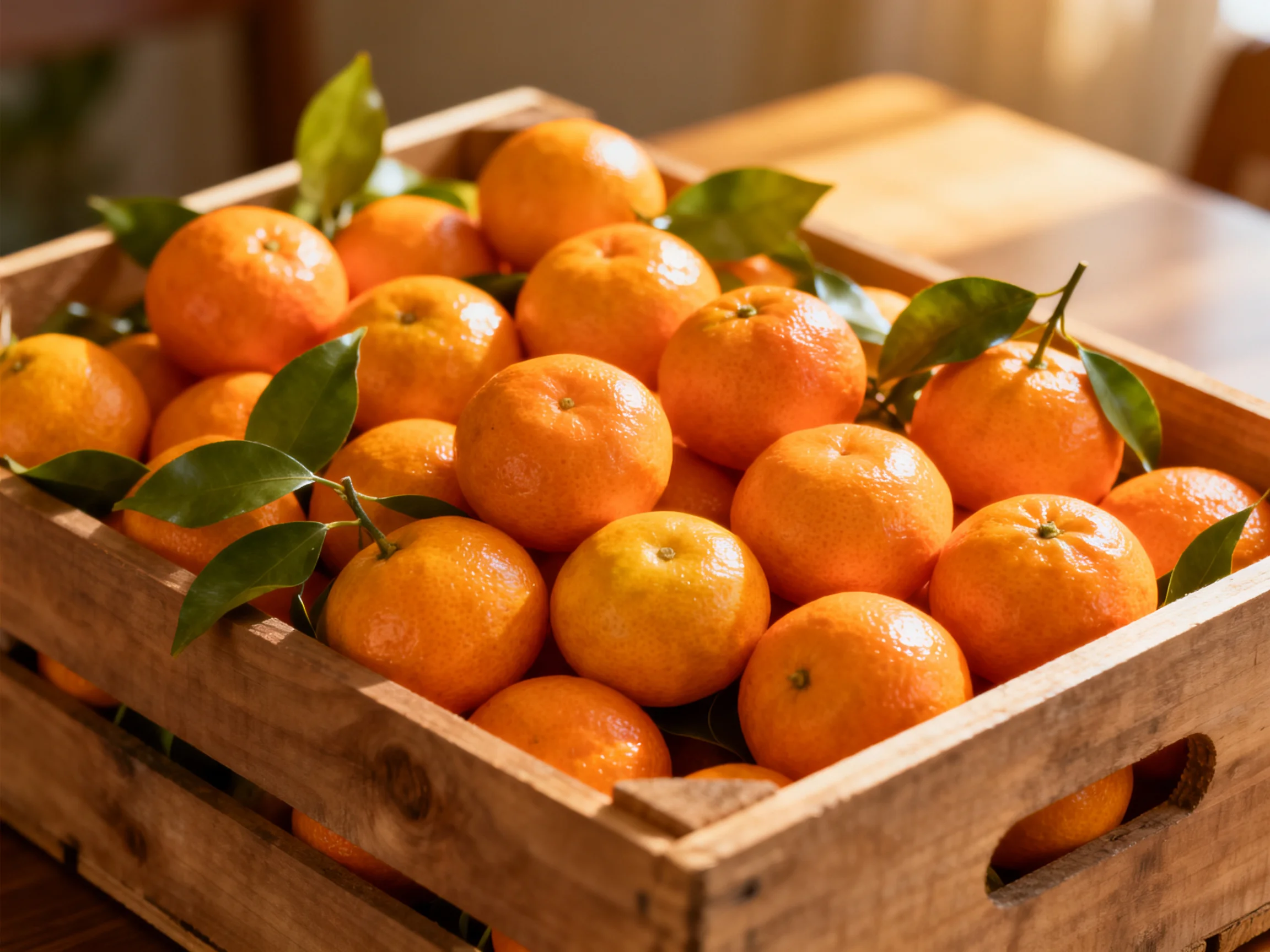 A wooden crate overflowing with bright oranges and green leaves