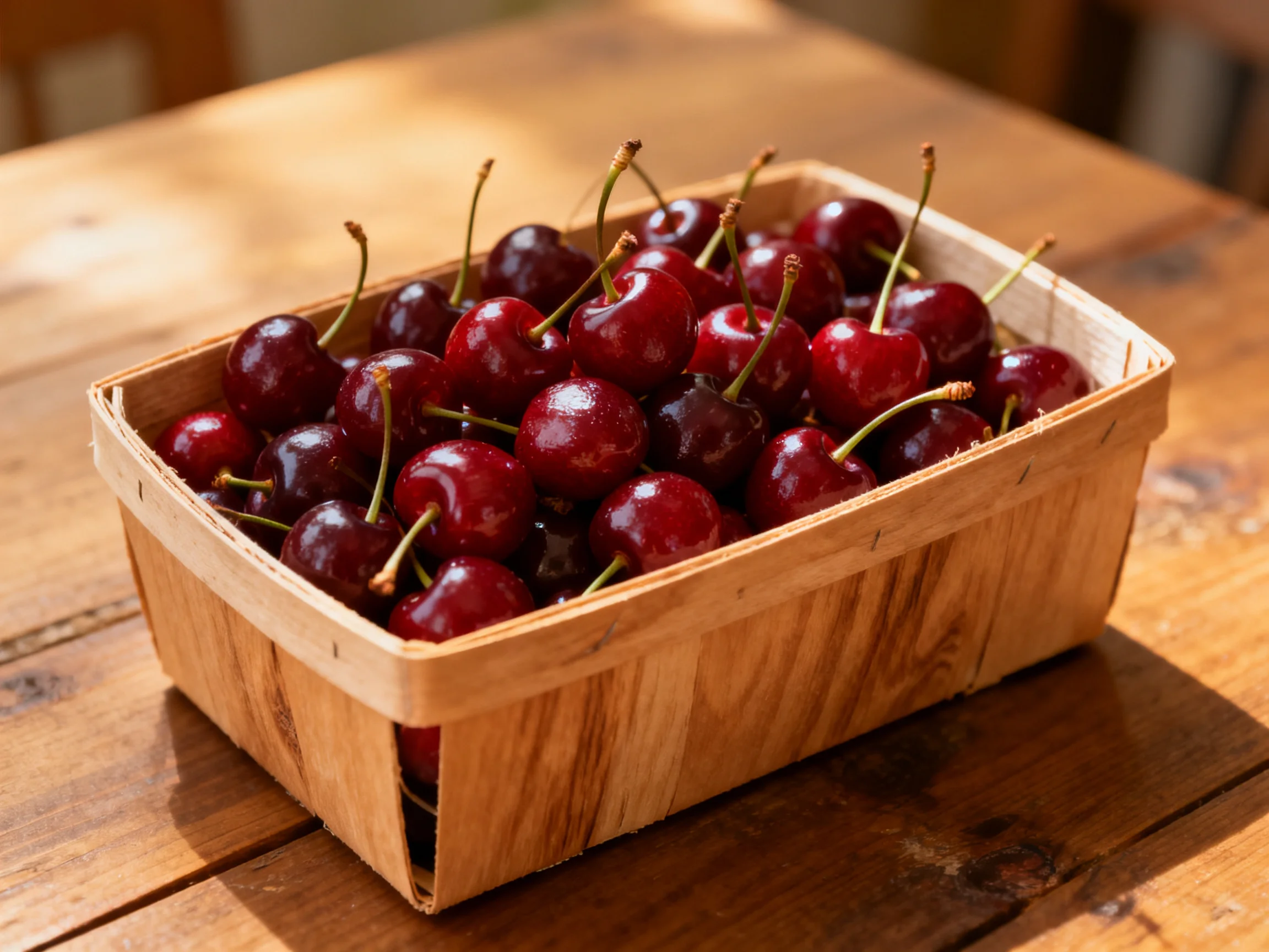 A wooden crate overflowing with glossy red cherries on a wooden table