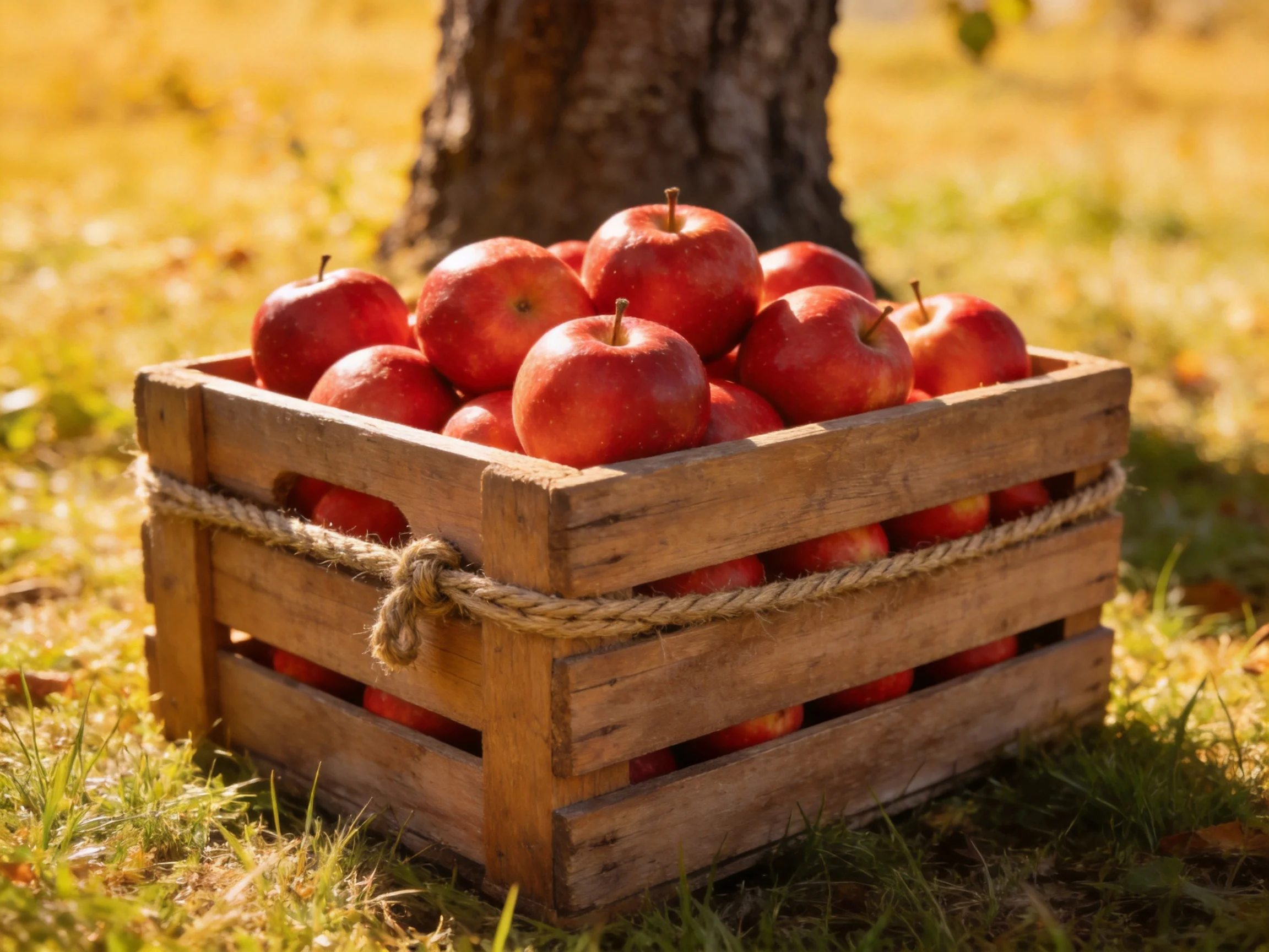 A wooden crate overflowing with red apples near a tree