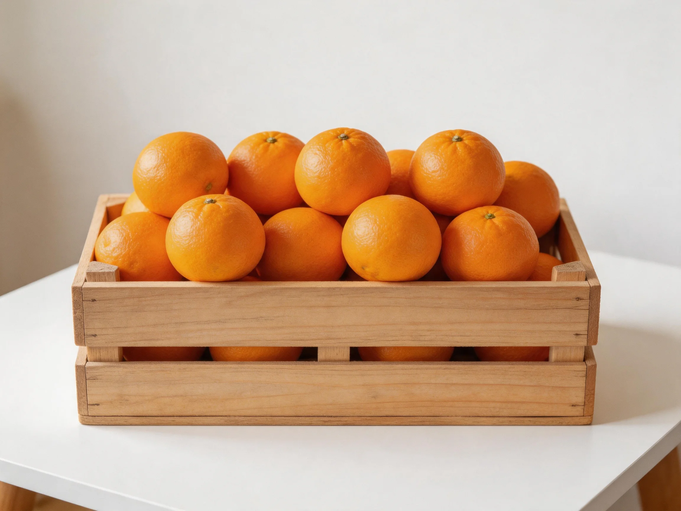 A wooden crate overflowing with vibrant orange citrus fruits