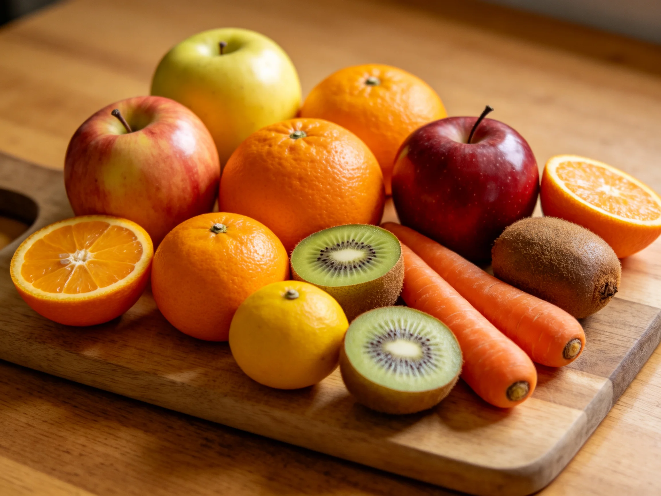 A wooden cutting board holds assorted fruits and vegetables including red apples, orange oranges, and