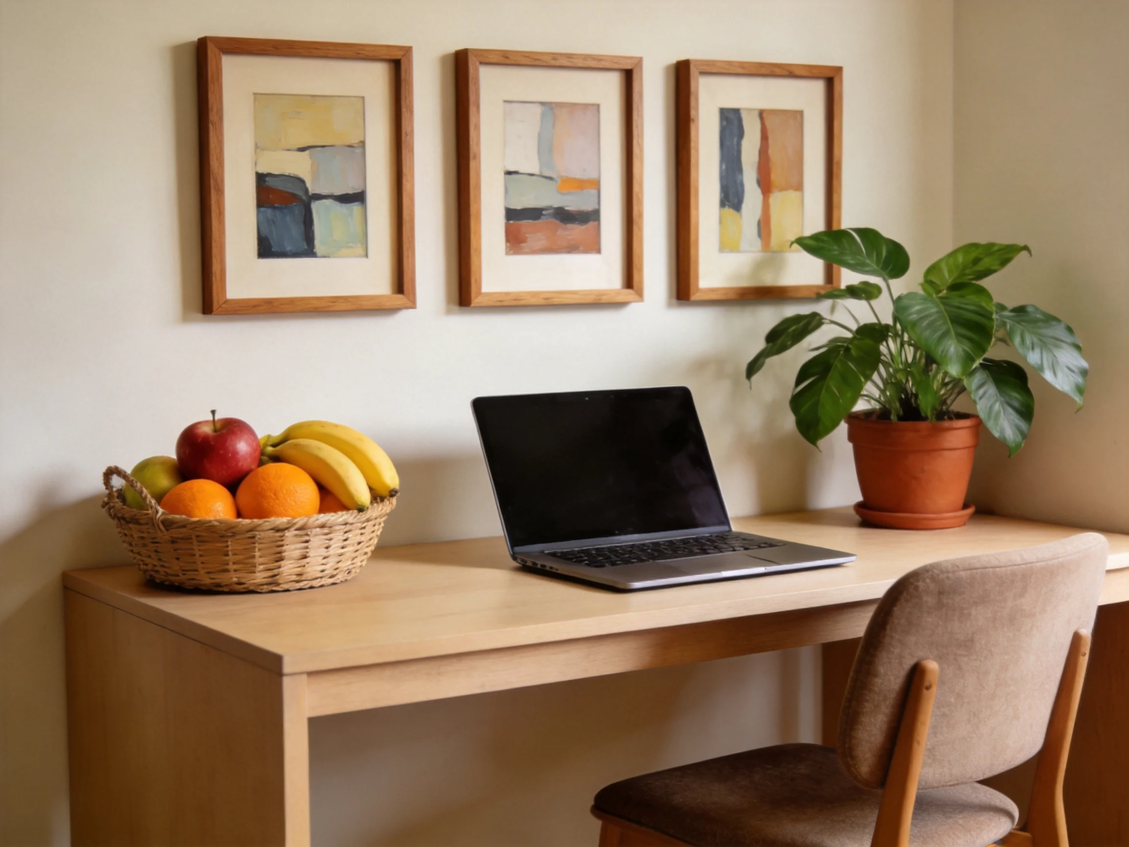 A wooden desk displays a fruit basket, laptop, and potted plant below three framed artworks.