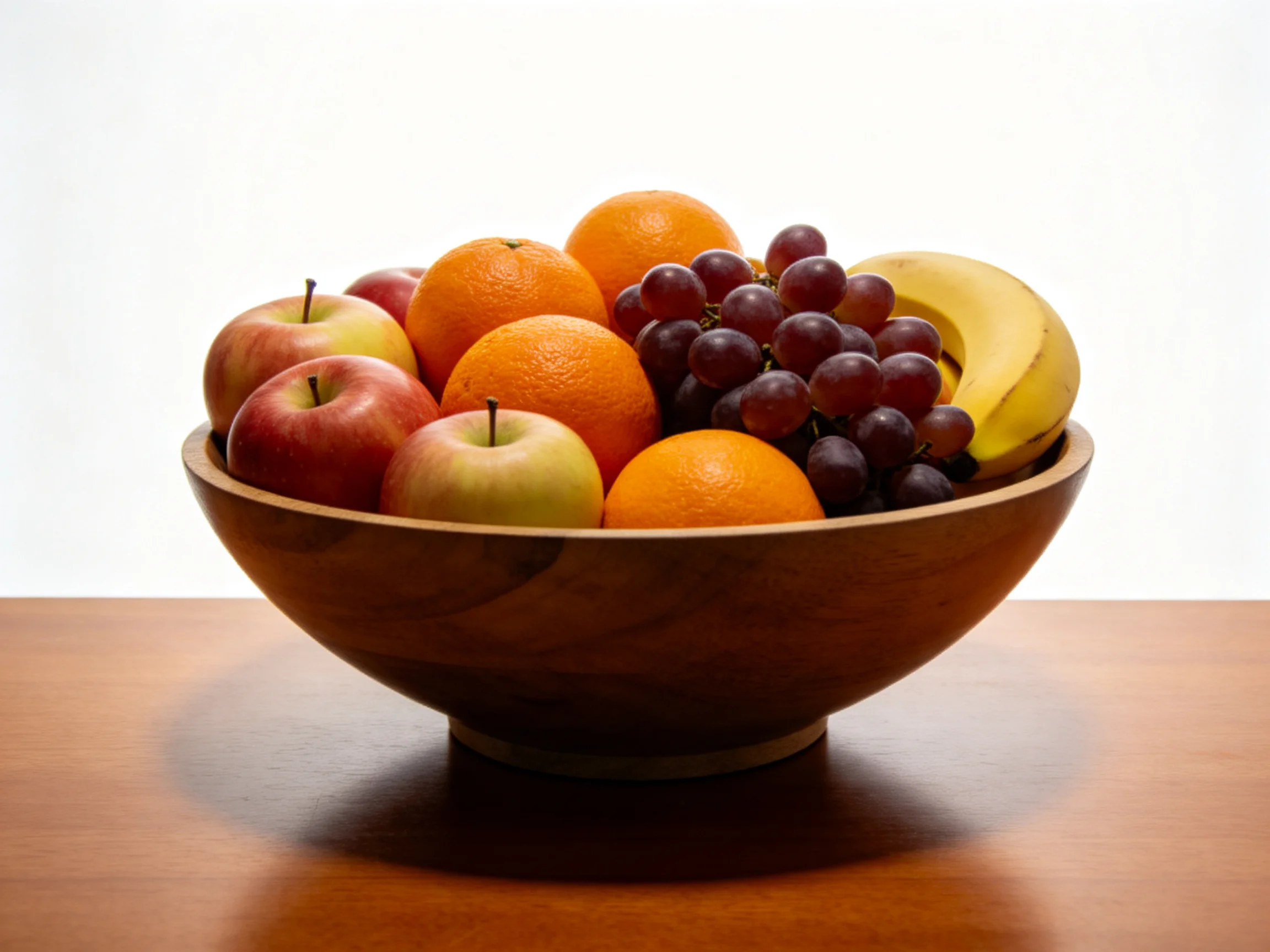 A wooden fruit bowl filled with apples, oranges, grapes, and a banana
