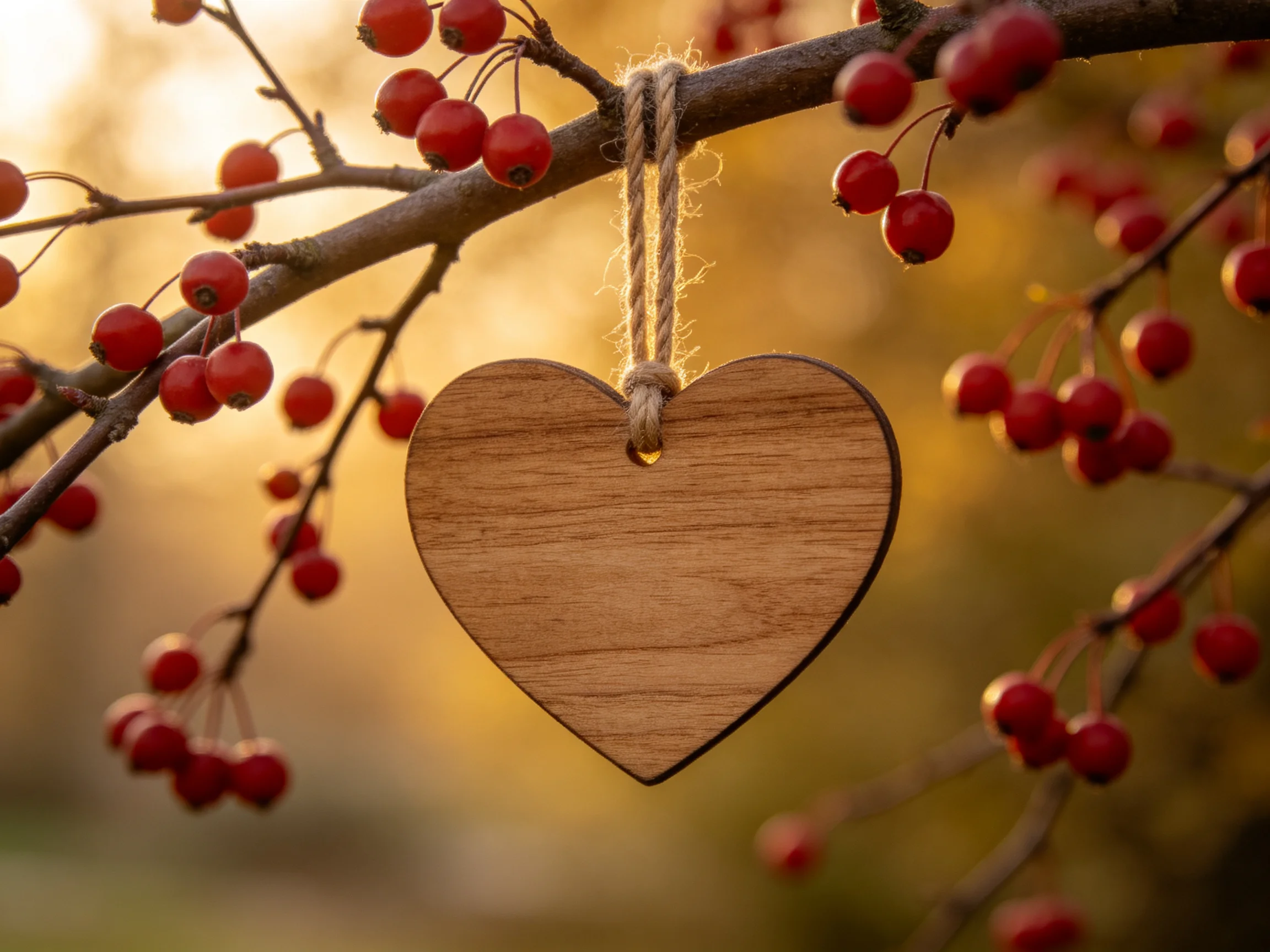 A wooden heart hangs from a branch amid vibrant red berries