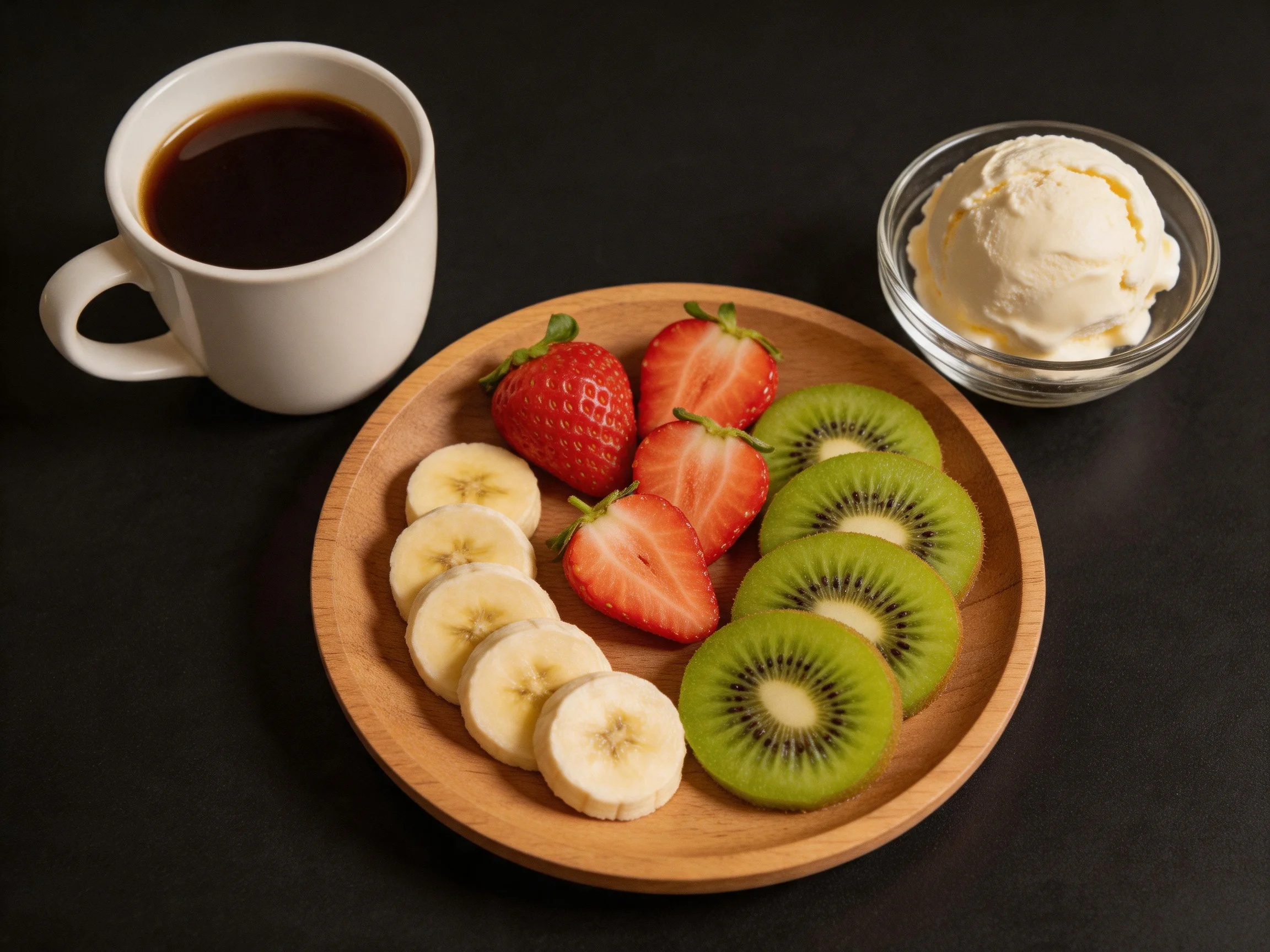 A wooden plate holds banana slices, strawberry halves, and kiwi slices; a coffee cup and ice cream bo