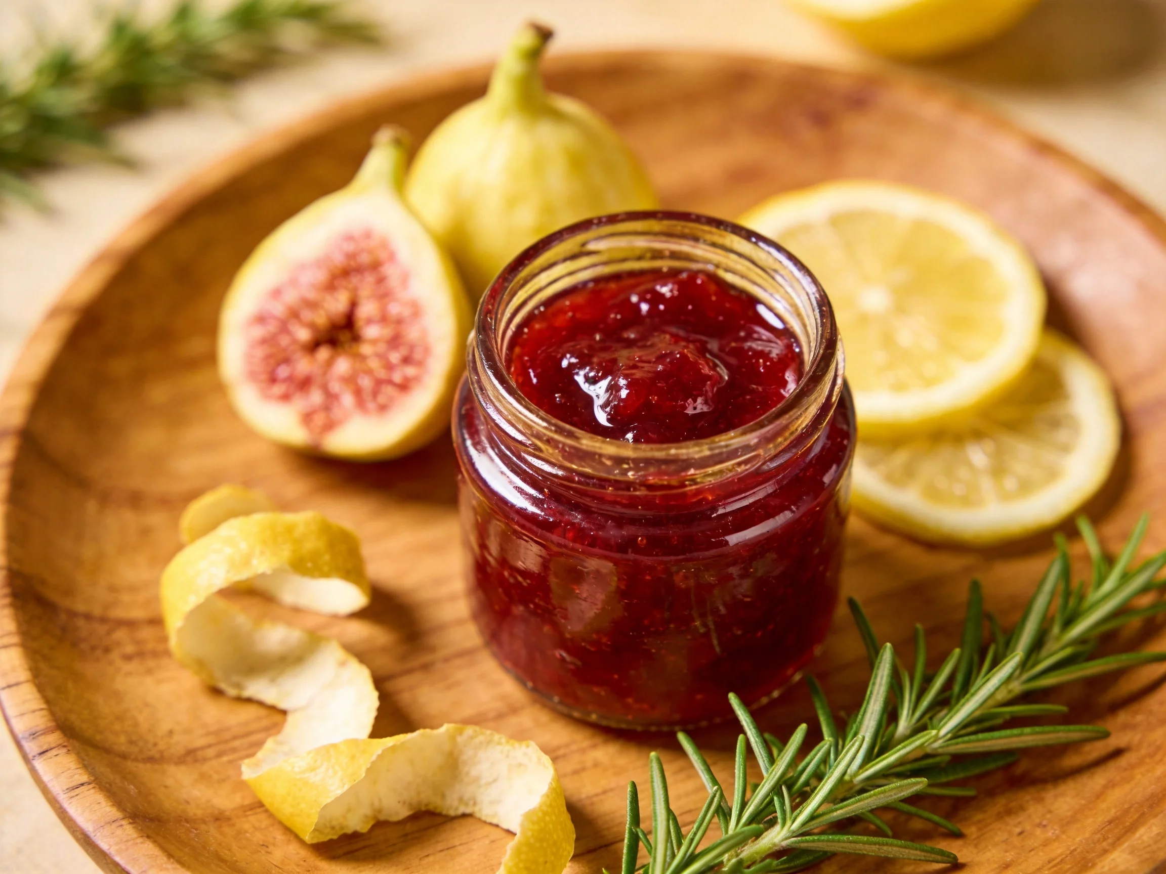 A wooden plate showcases a jar of dark red jam, figs, lemon slices, and rosemary.