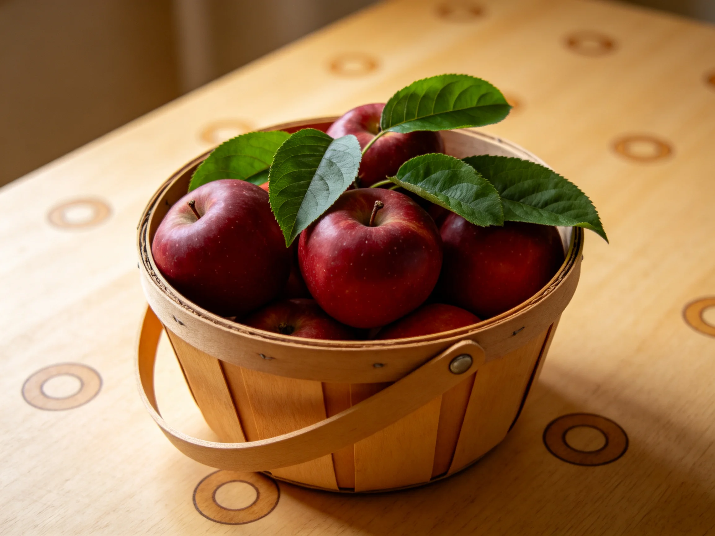 A wooden slatted basket filled with glossy red apples and fresh green leaves