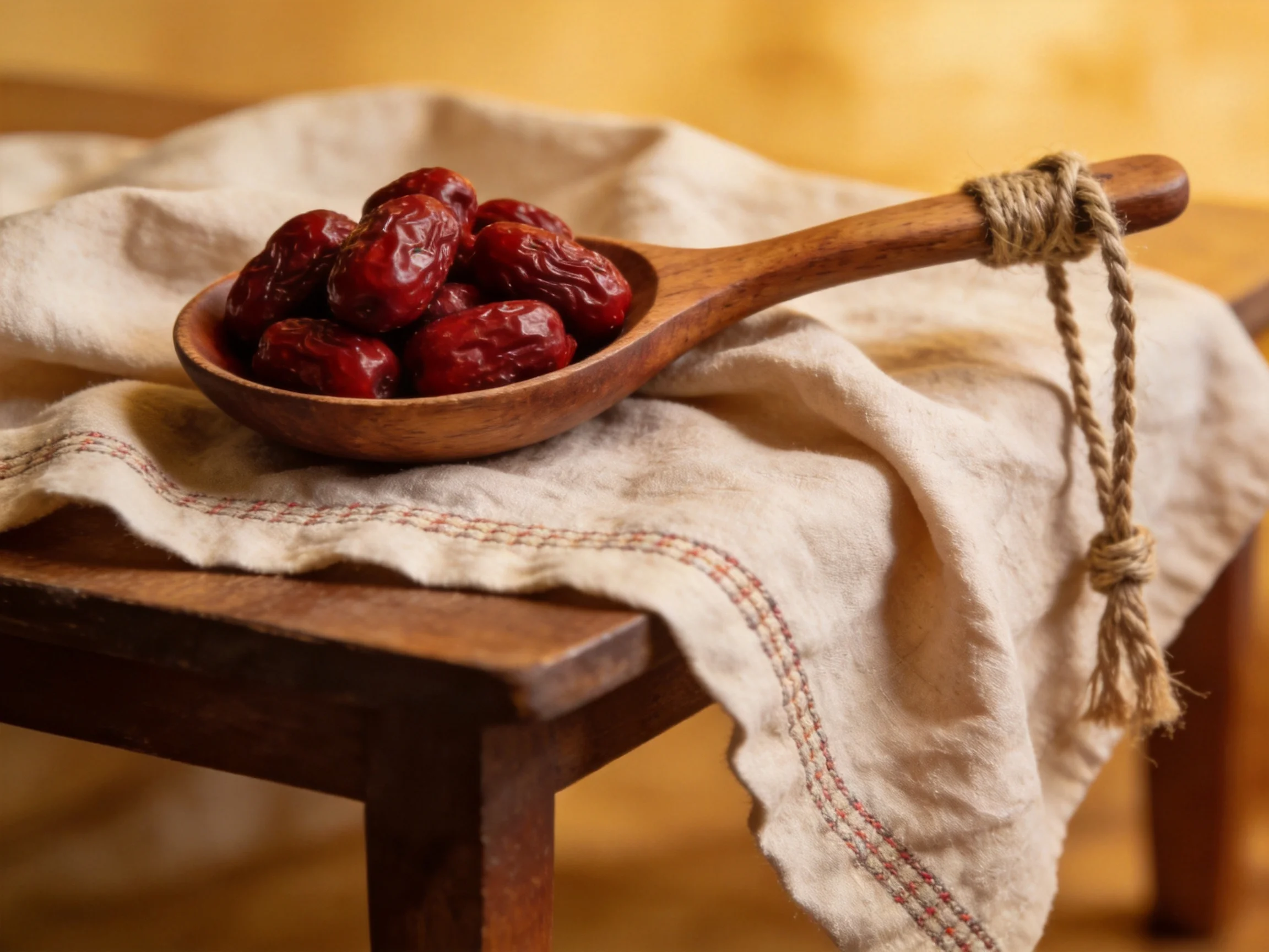 A wooden spoon holds dark red dates on a beige cloth atop a brown stool