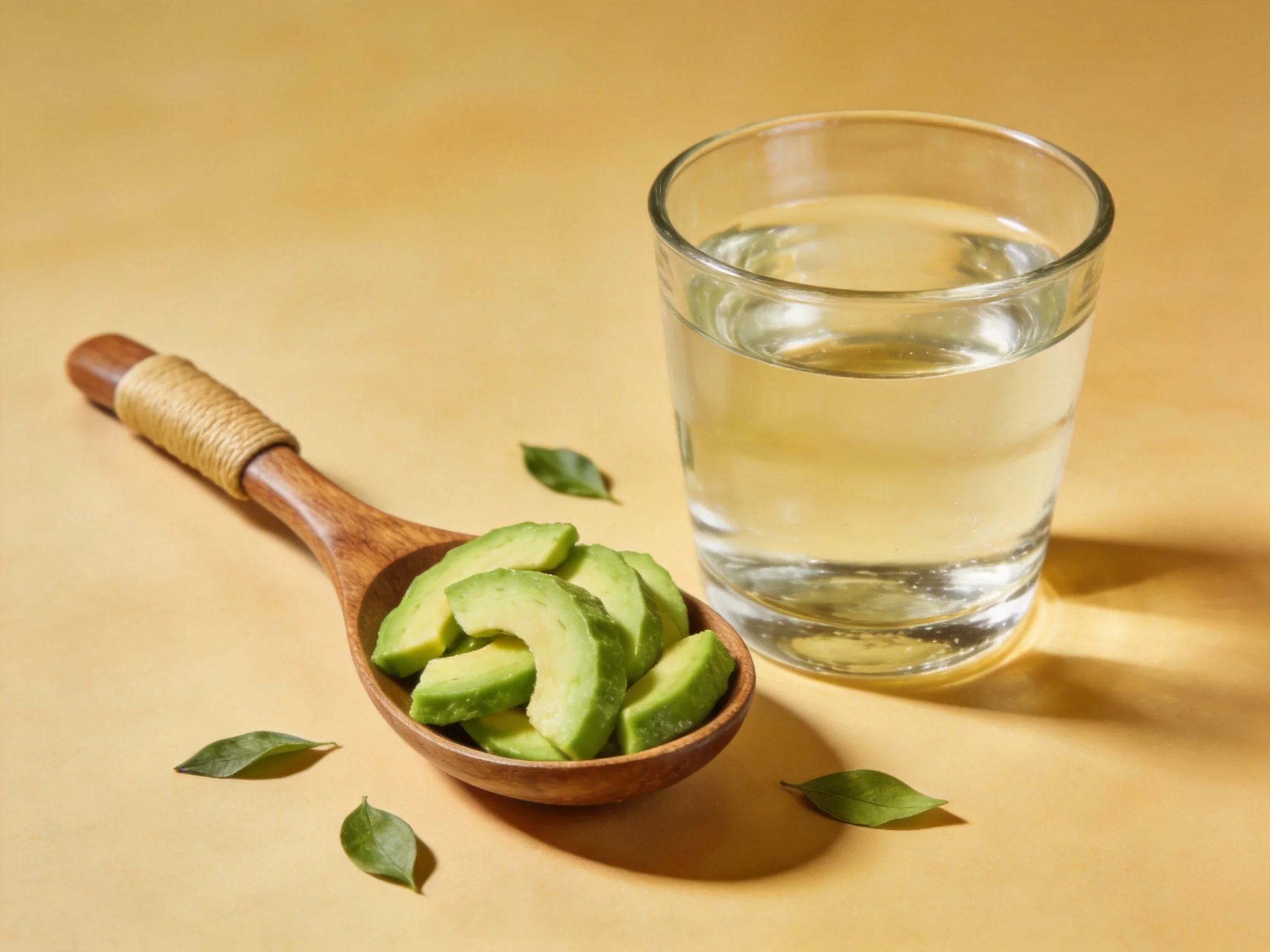 A wooden spoon holds sliced green avocados next to a clear water glass