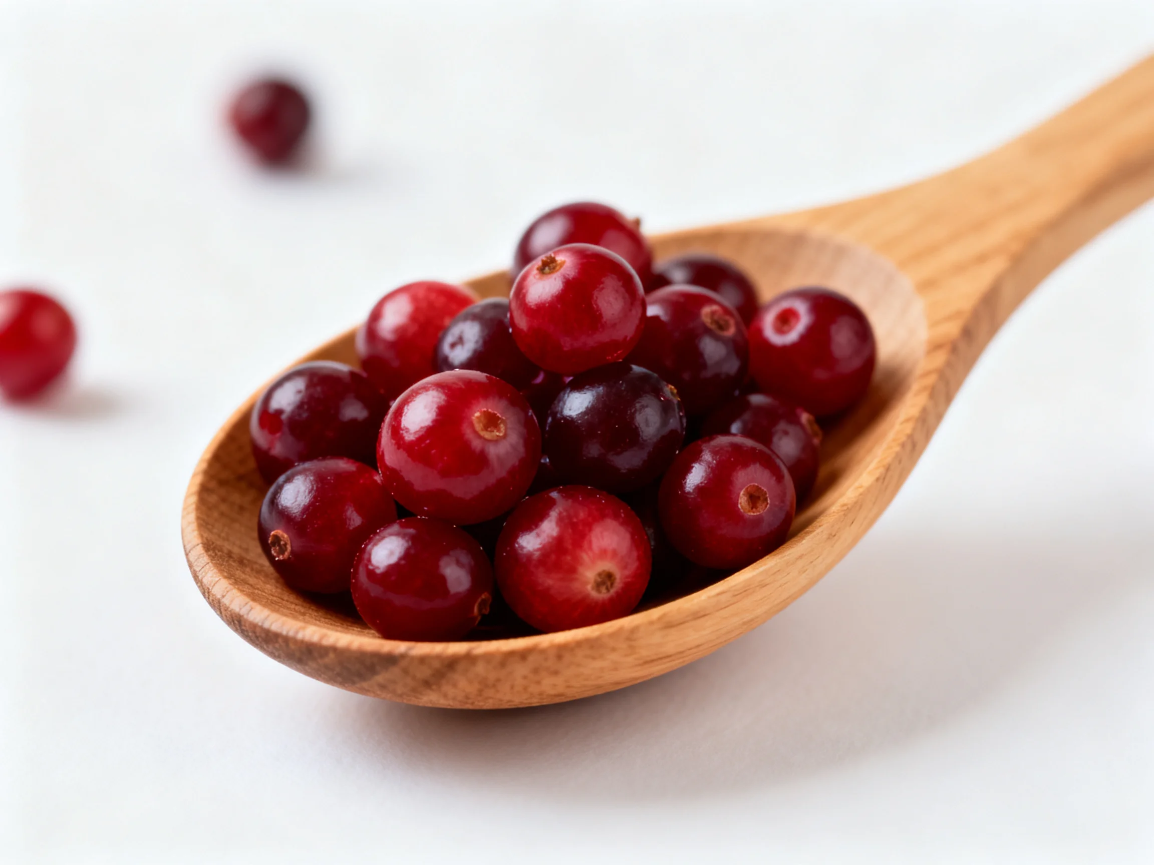 A wooden spoon overflowing with glossy red cranberries