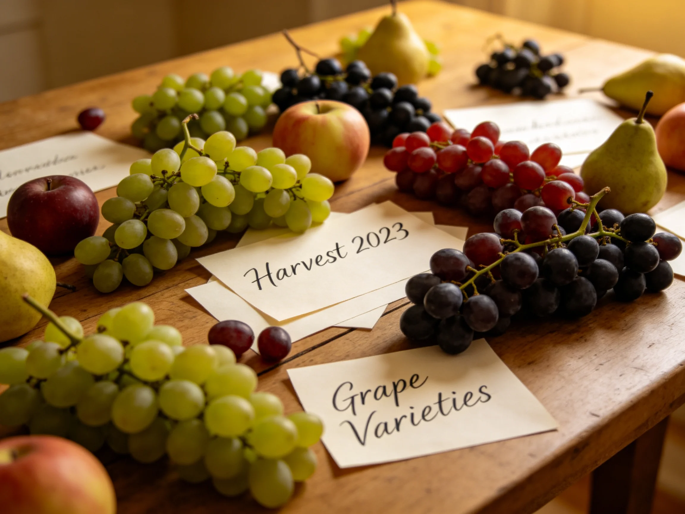 A wooden table displays colorful grape varieties, apples, and pears for Harvest 2023