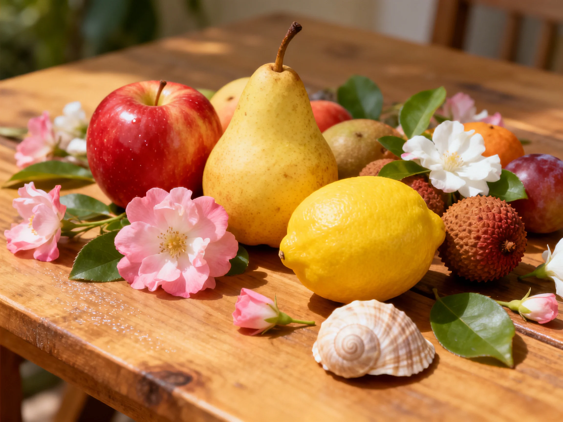 A wooden table features assorted colorful fruits, flowers, and a seashell