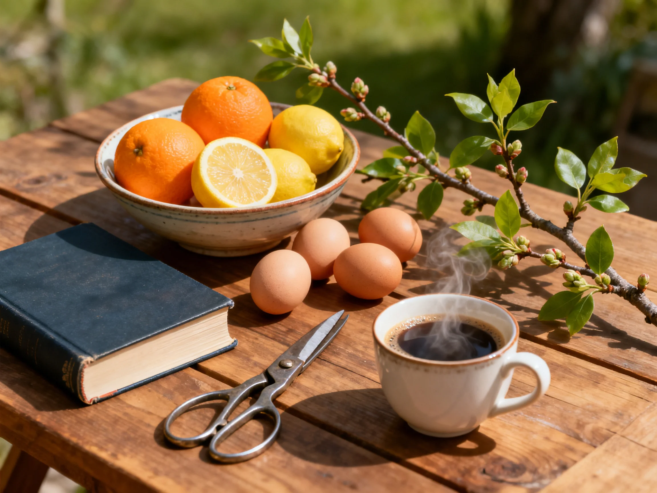 A wooden table holds a bowl of citrus fruits, eggs, a book, scissors, and a steaming coffee cup