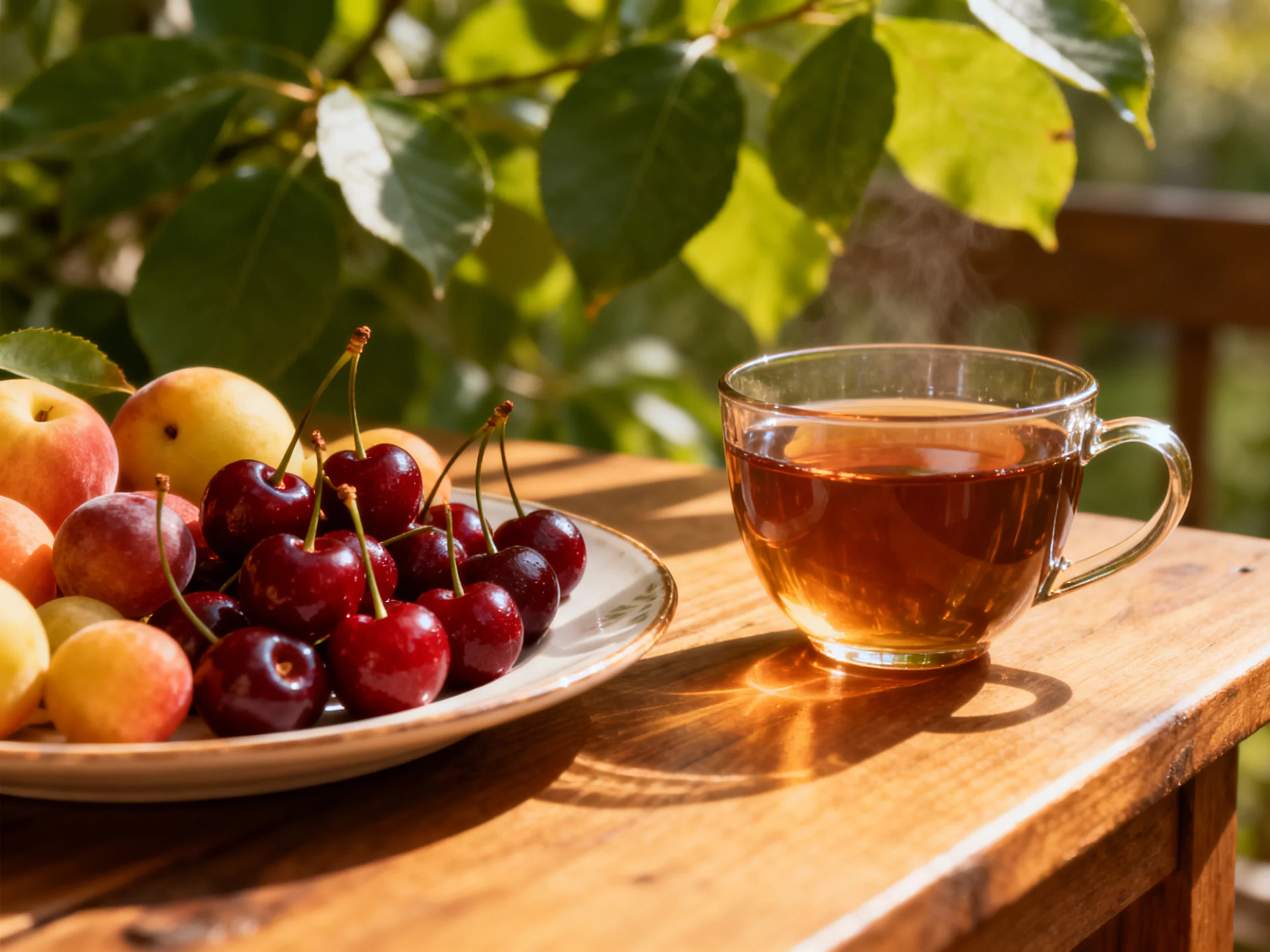 A wooden table holds a plate of cherries and apricots beside a steaming glass teacup