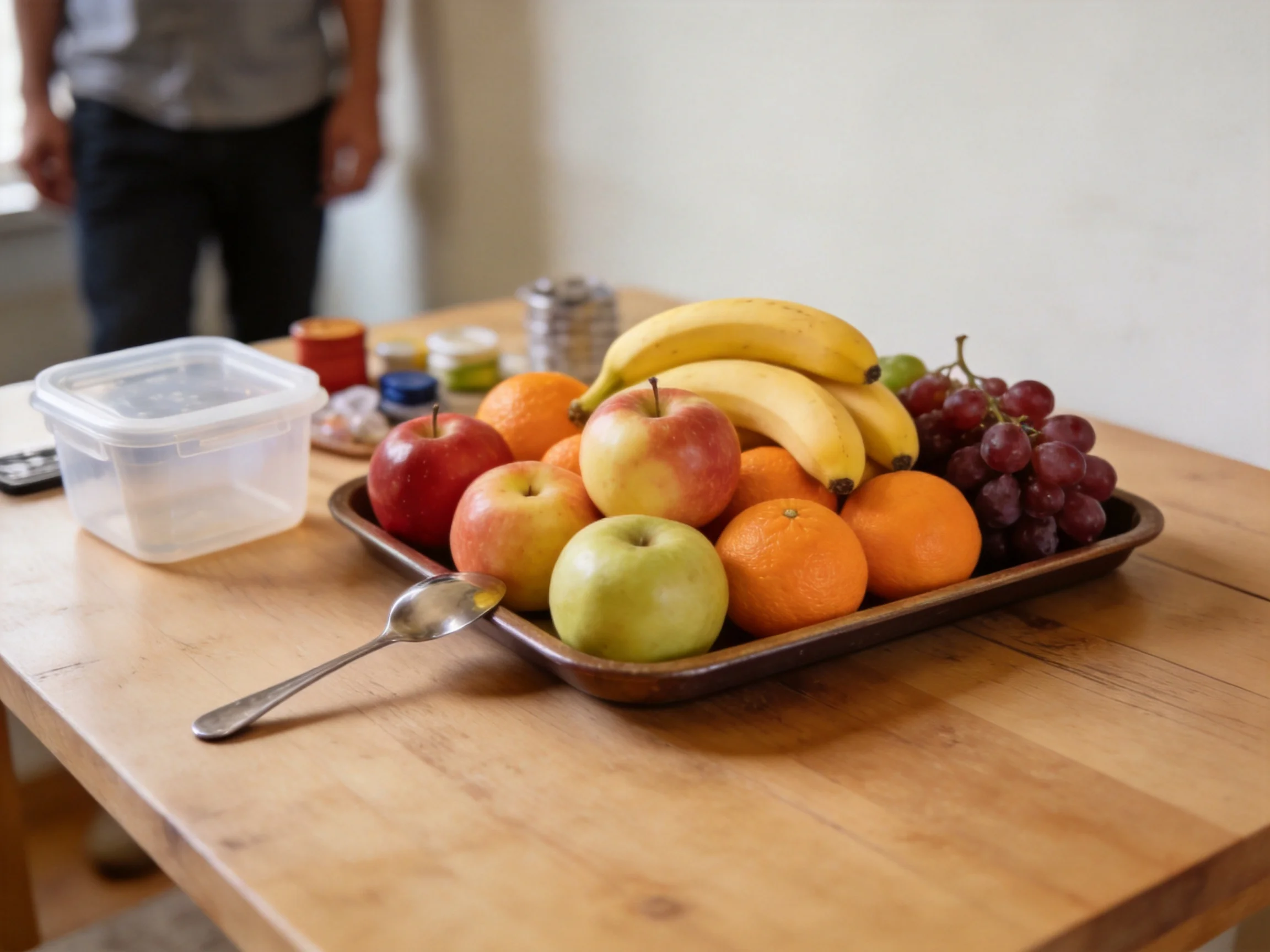 A wooden table holds a tray of colorful mixed fruits