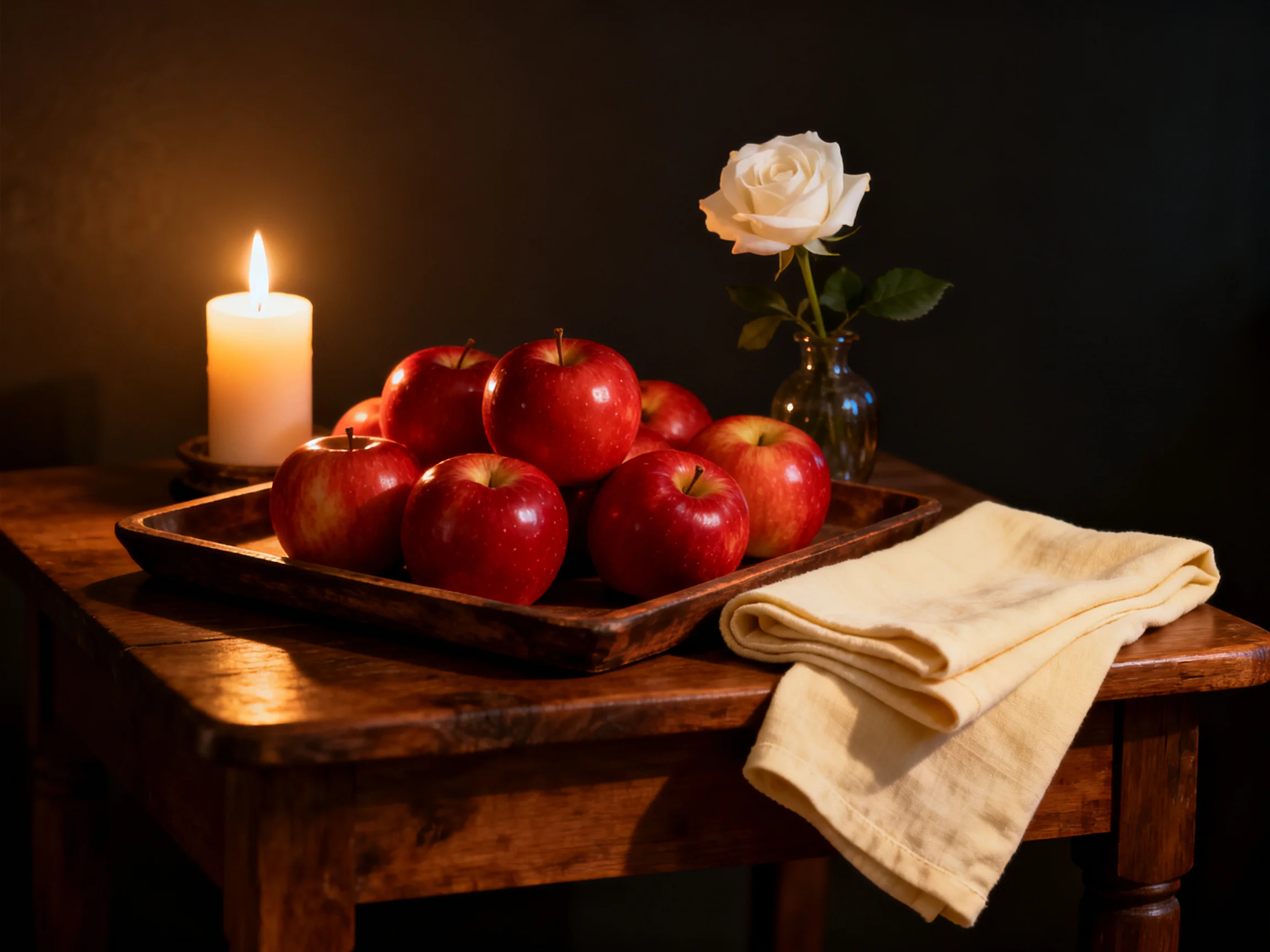 A wooden table holds a tray of red apples, lit candle, and white rose