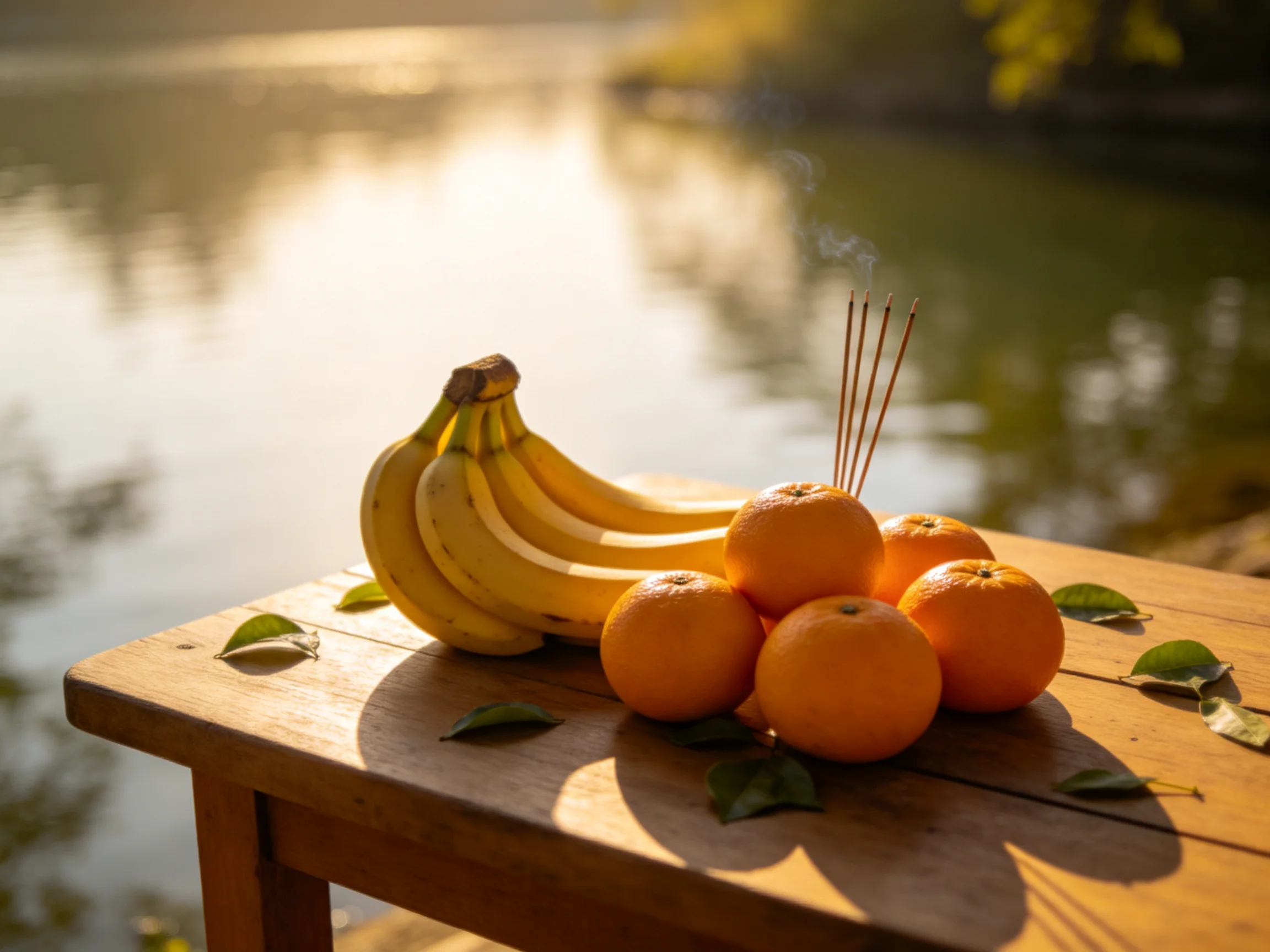 A wooden table holds bananas, oranges, and incense by a calm lake