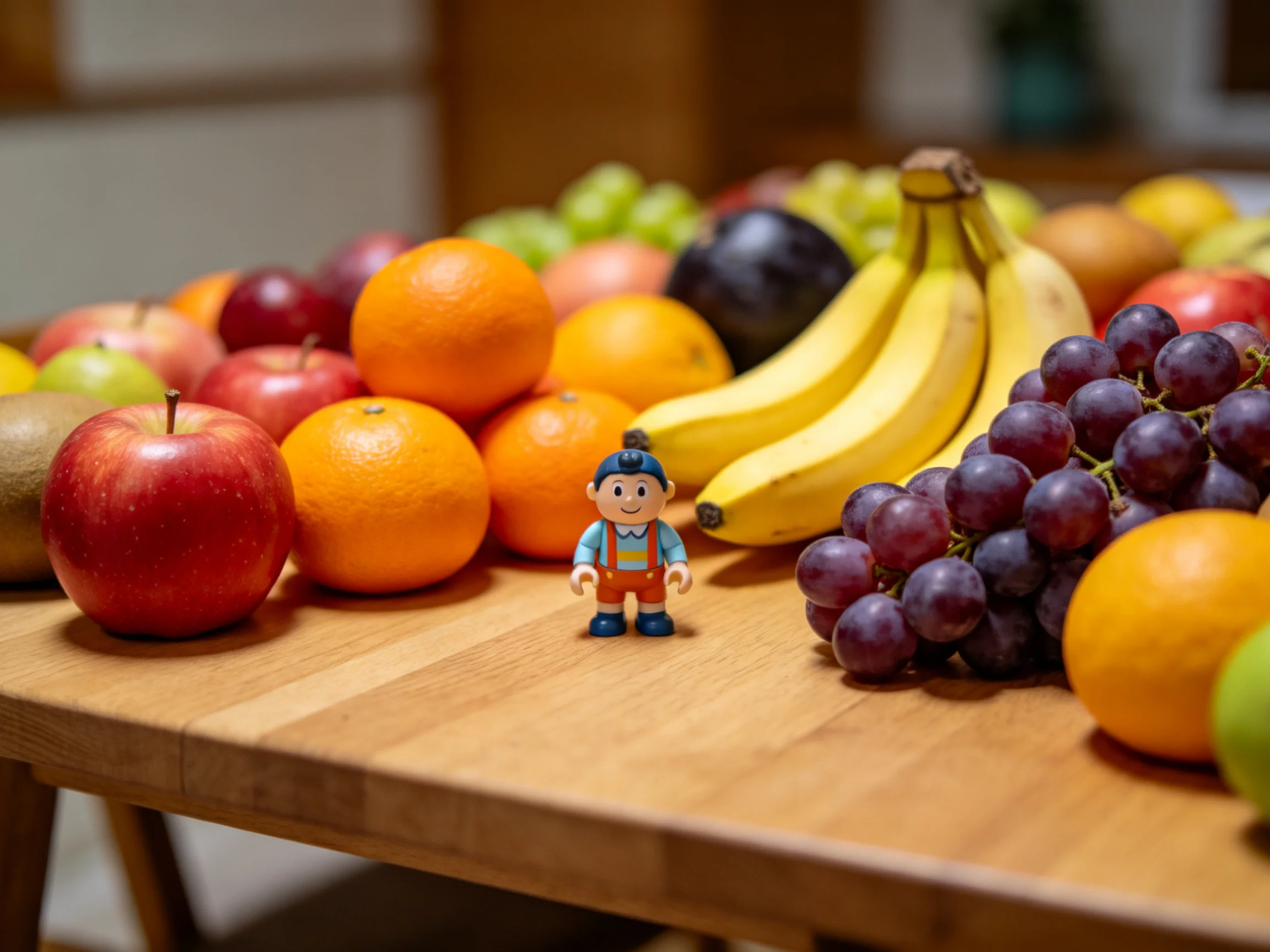 A wooden table showcases colorful fruits like apples, oranges, bananas, and grapes with a small figur