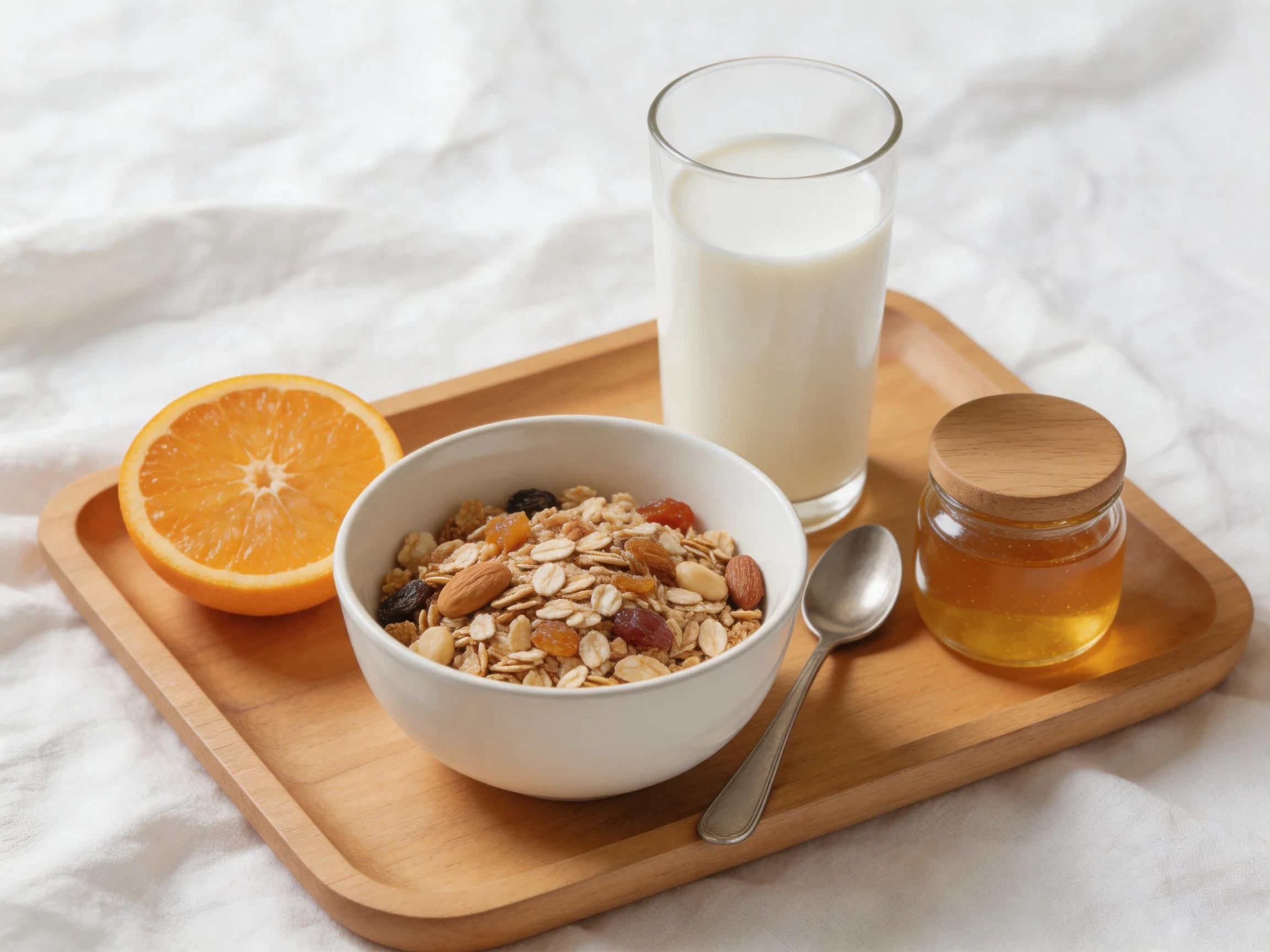 A wooden tray holds a breakfast set with orange, cereal, milk, and honey