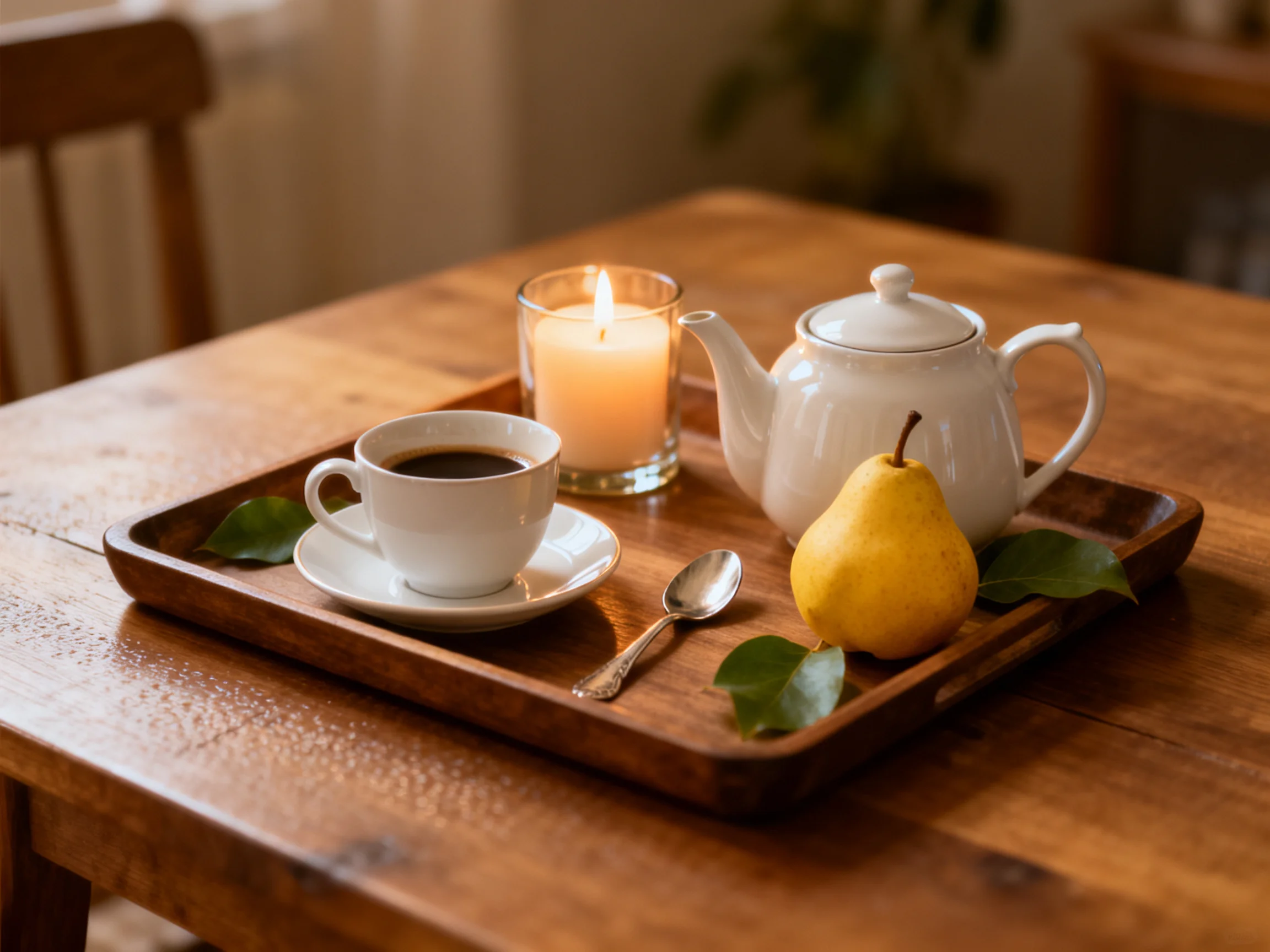 A wooden tray holds a teapot, cup, candle, and pear