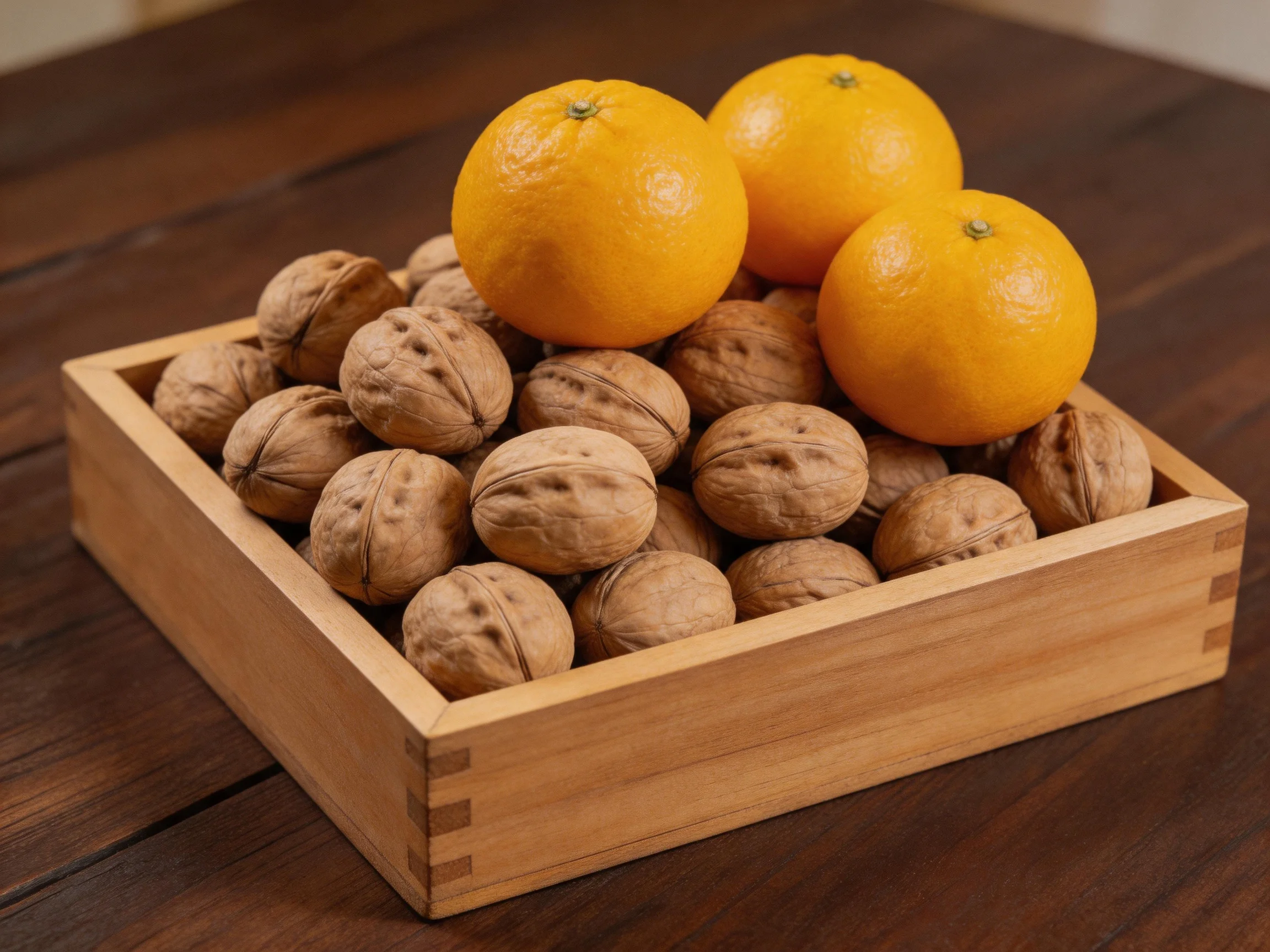 A wooden tray holds walnuts and three bright oranges