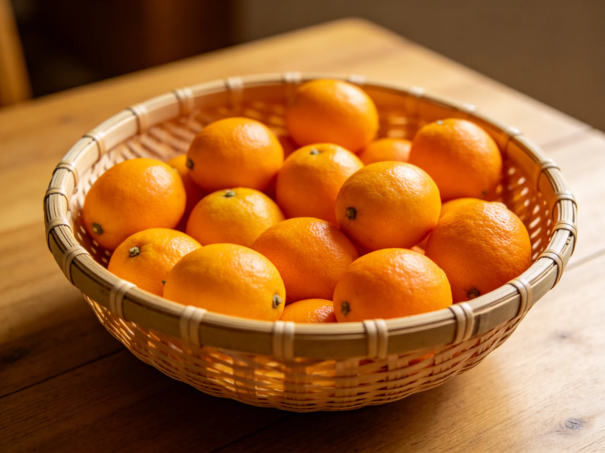 A woven bamboo basket filled with vibrant orange citrus fruits