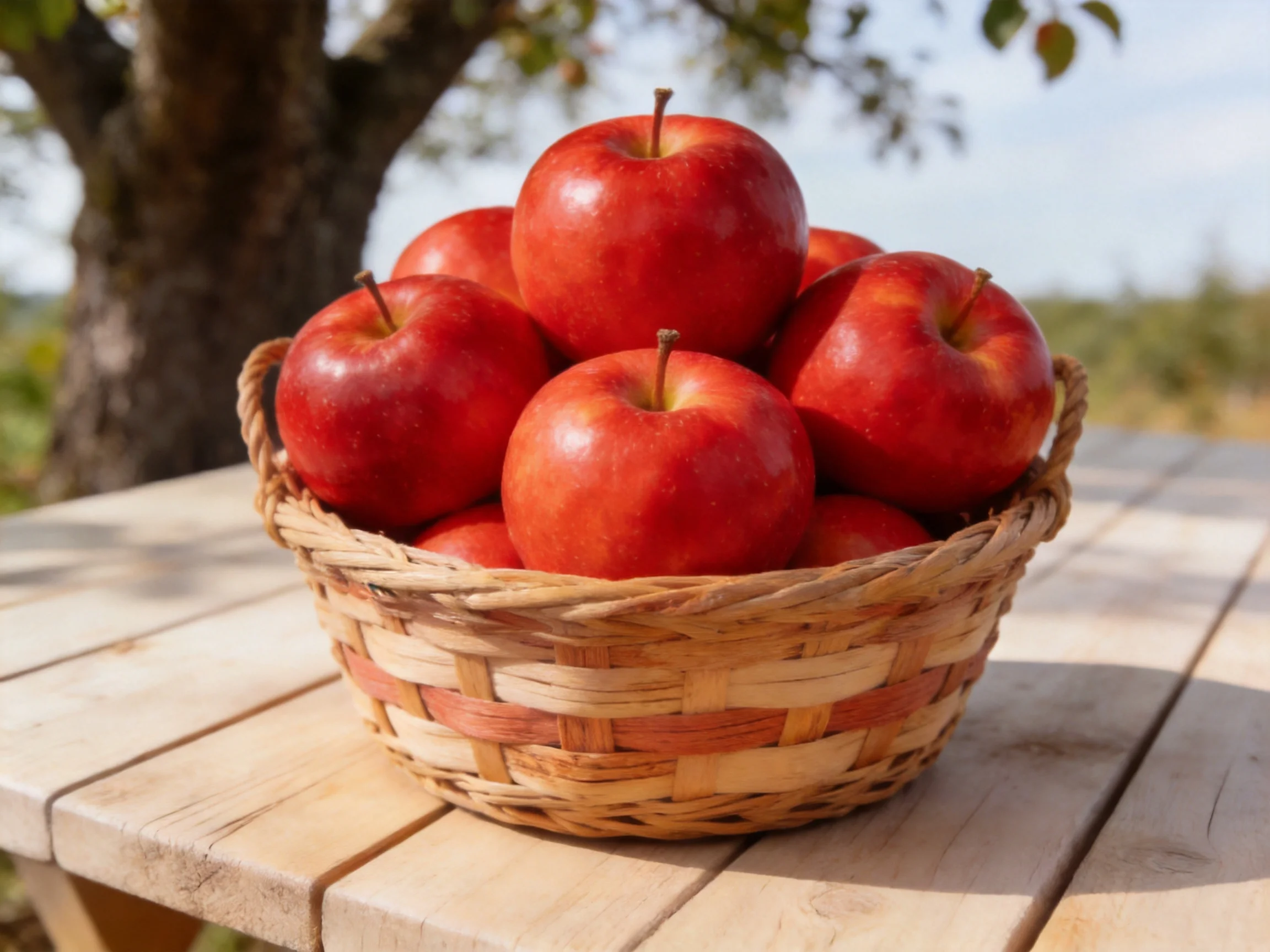 A woven basket brimming with bright red apples sits on an outdoor wooden table.