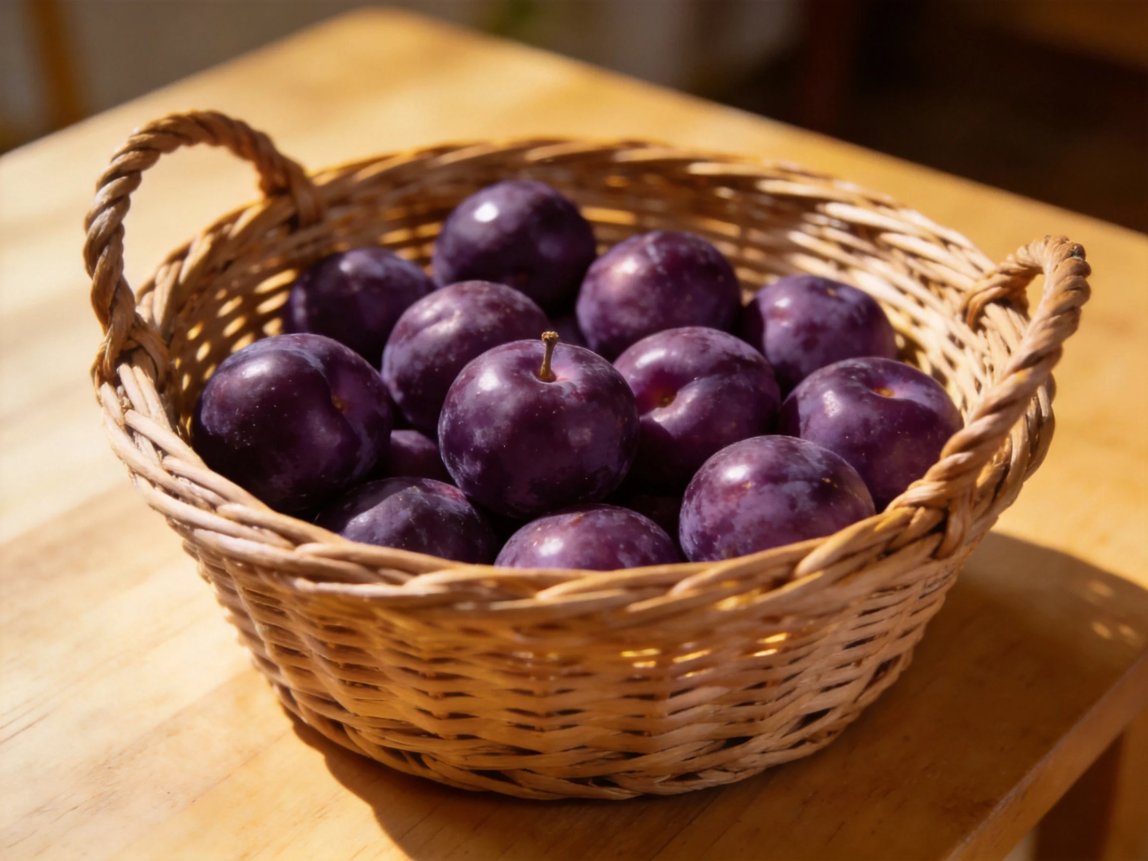 A woven basket filled with deep purple plums rests on a wooden table