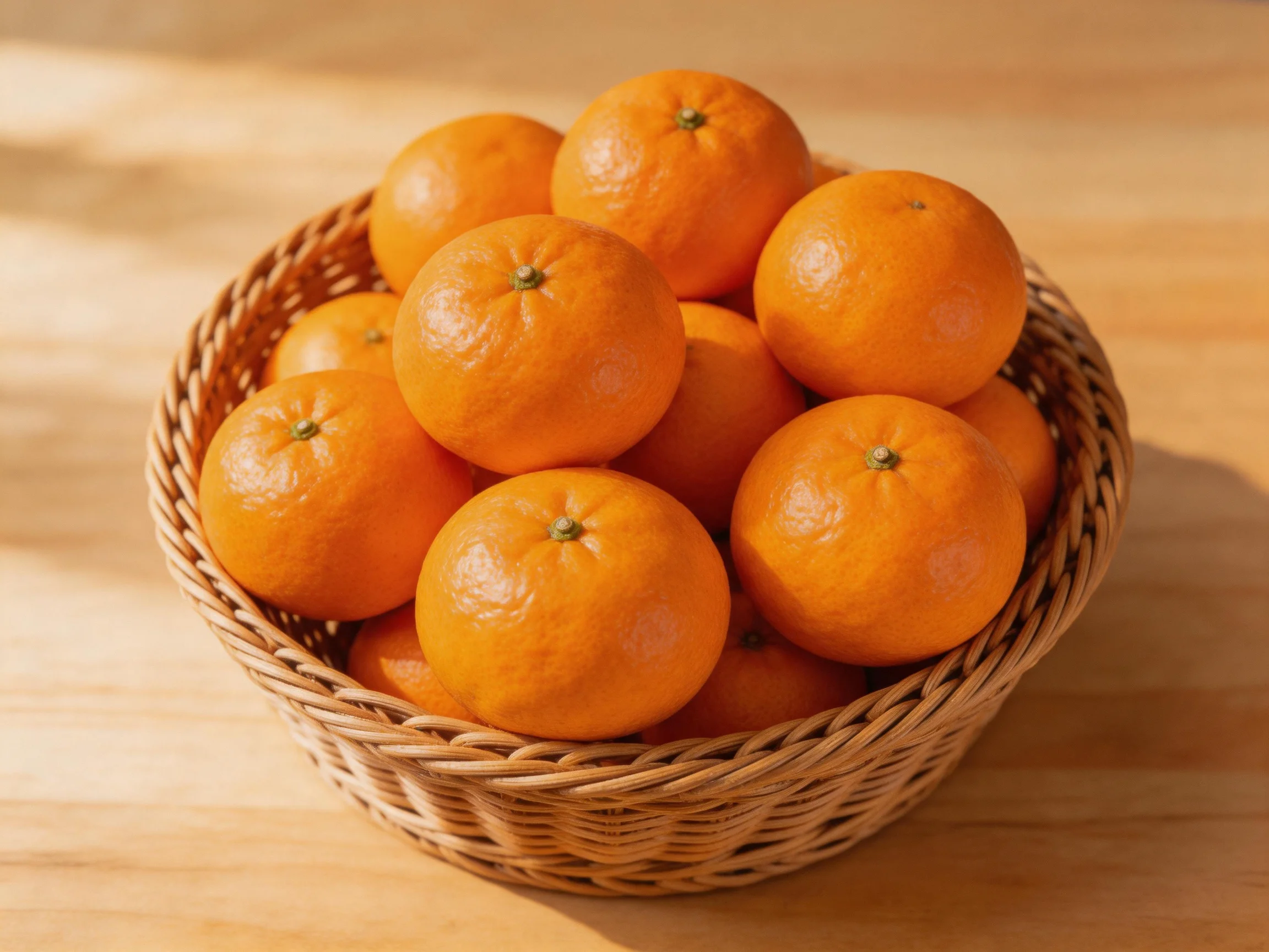 A woven basket filled with vibrant orange citrus fruits