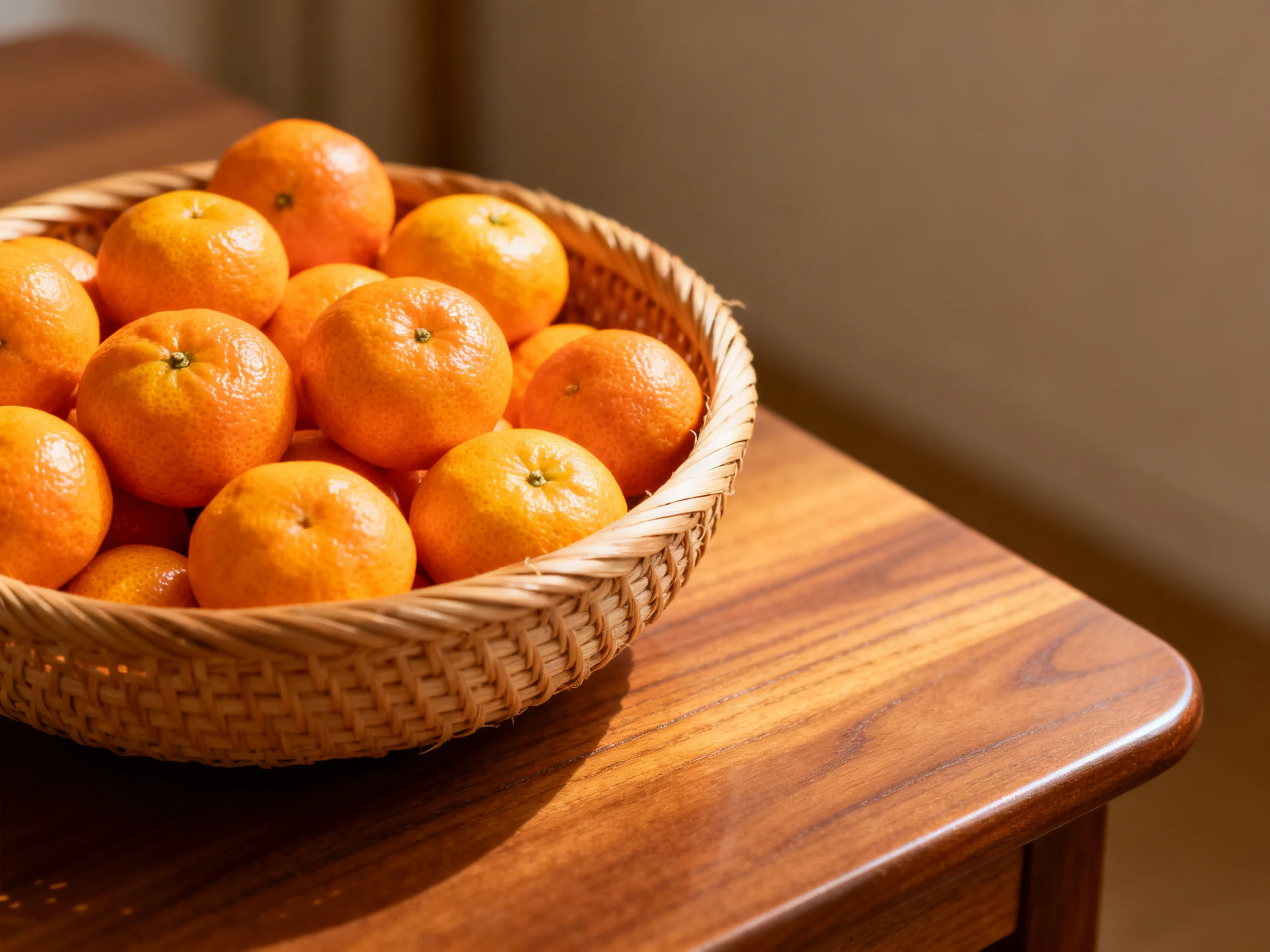A woven basket filled with vibrant orange tangerines sits on a polished wooden table