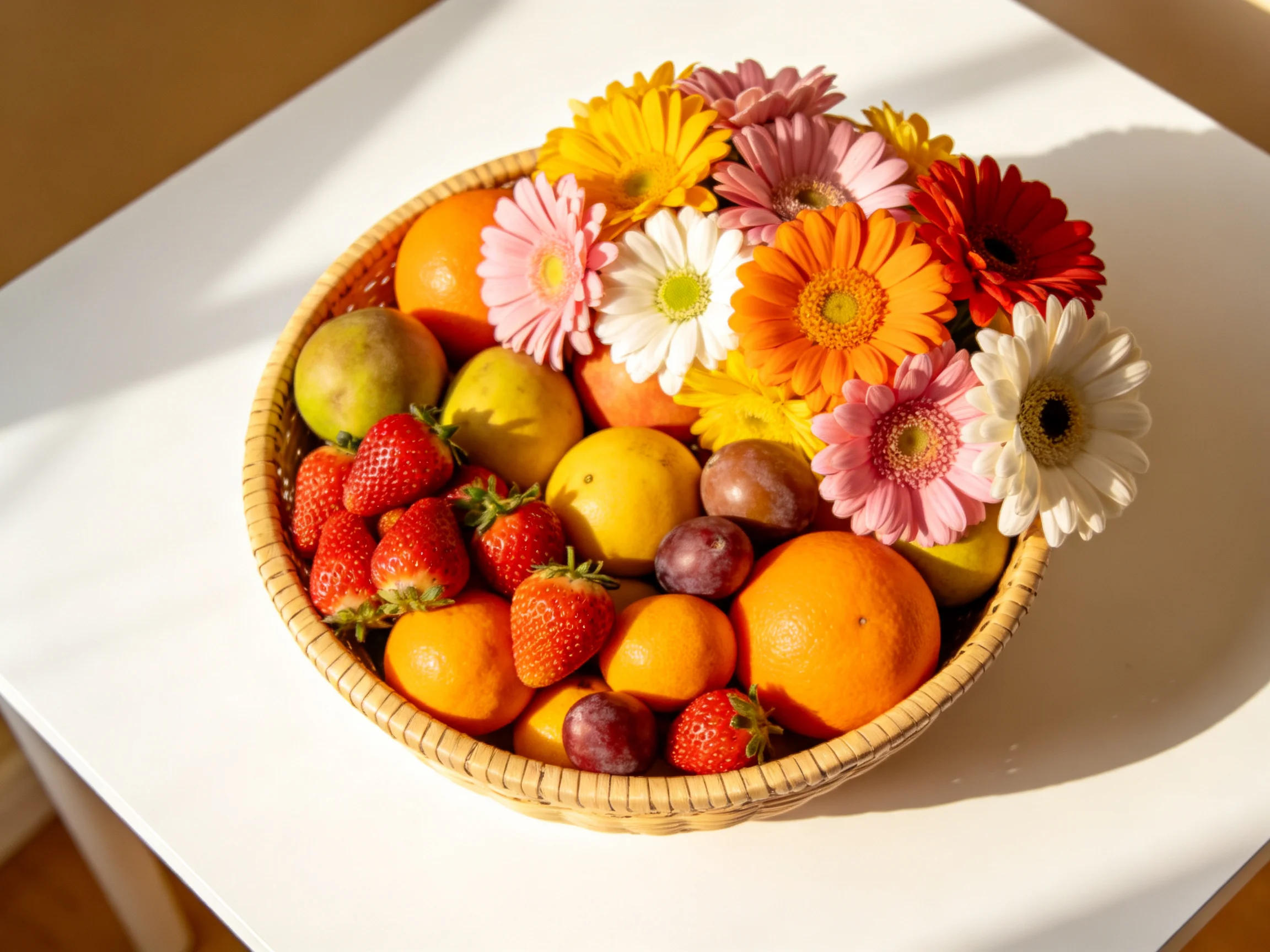 A woven basket holds assorted fruits and colorful gerbera daisies