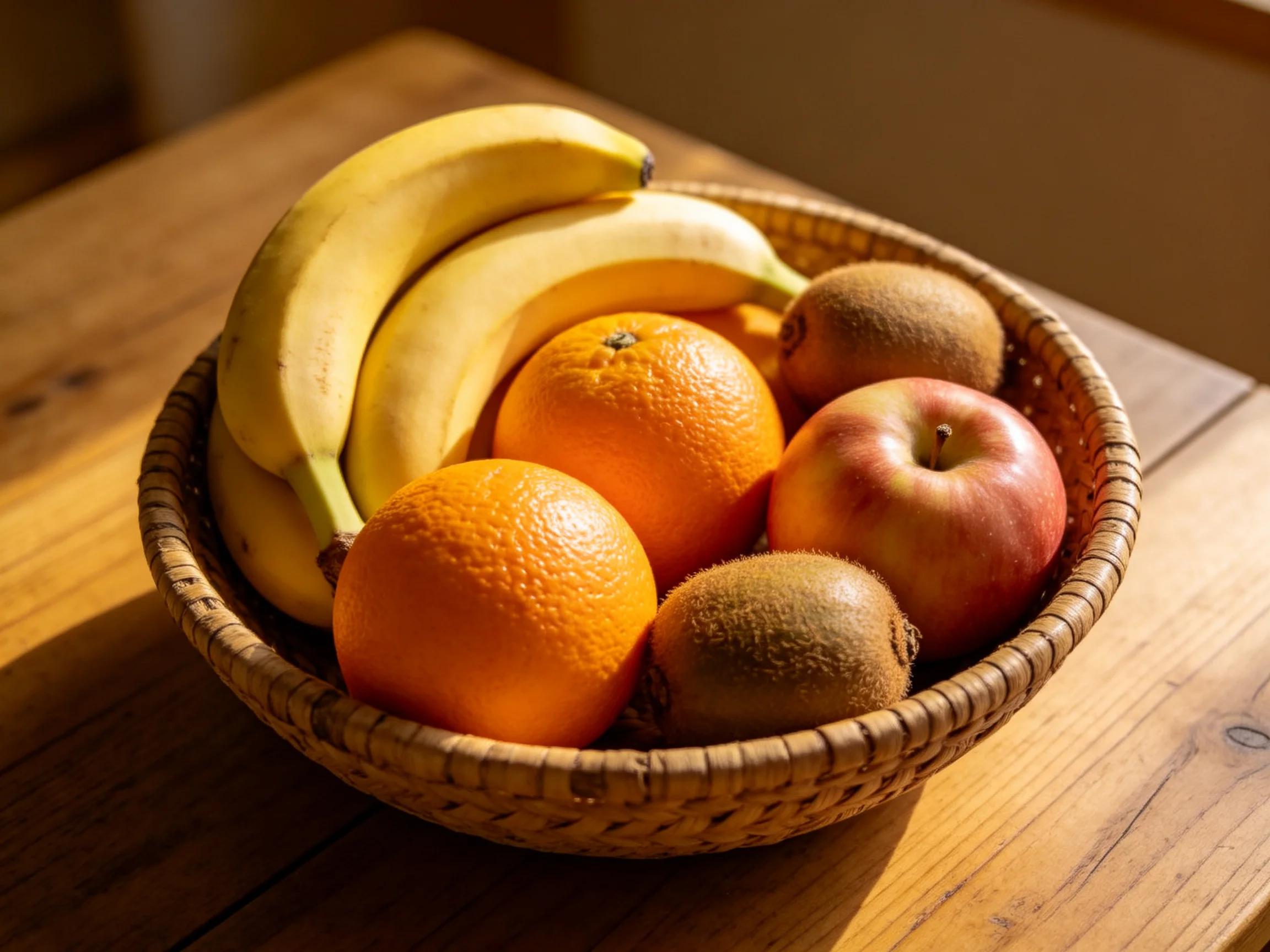 A woven basket holds bananas, oranges, an apple, and kiwis