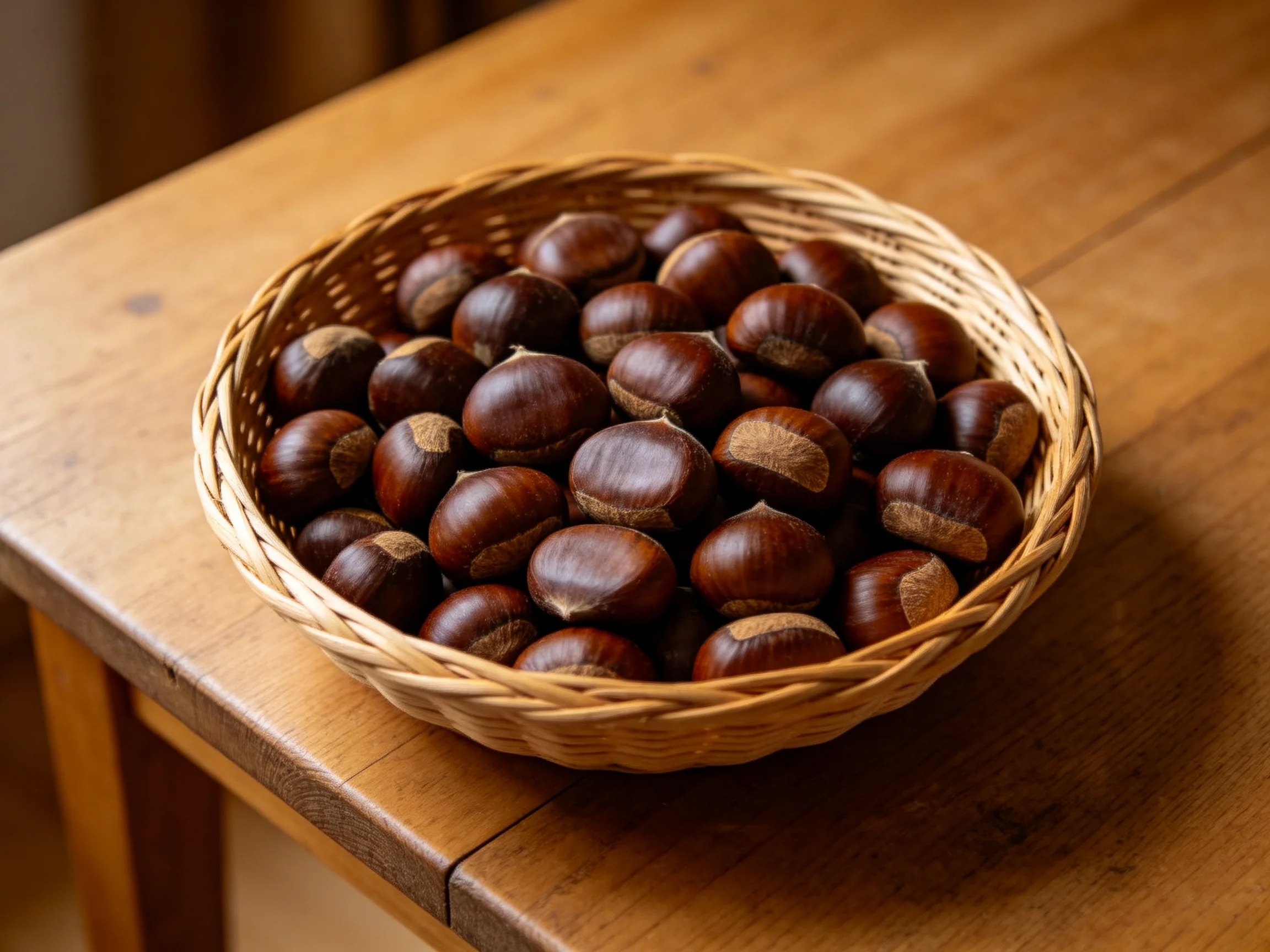 A woven basket holds glossy brown chestnuts on a wooden table
