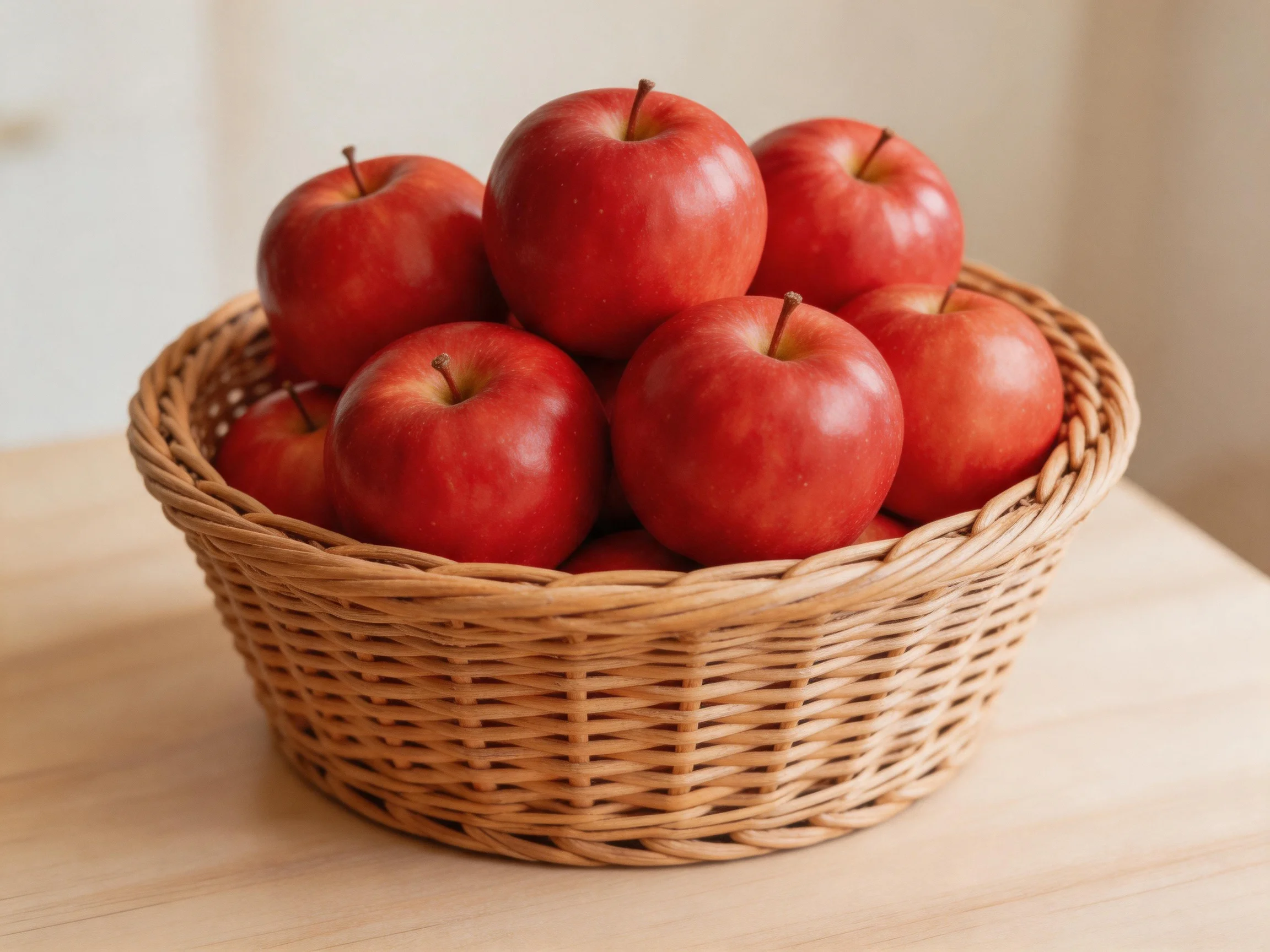 A woven basket holds numerous bright red apples on a wooden table